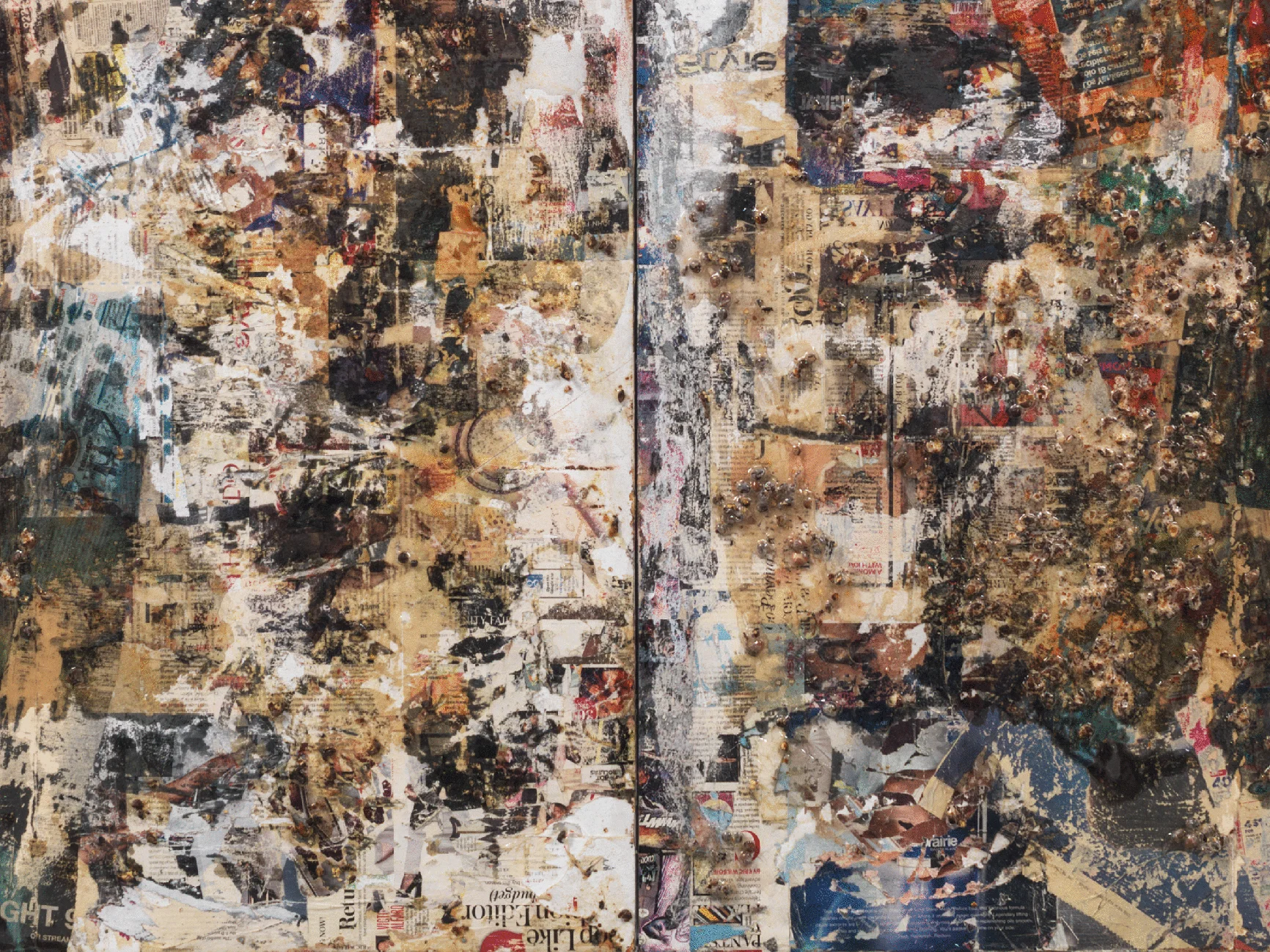 “A Tempest Diptych (after Leonardo da Vinci)” detail Gandules and epoxy resin on found commercial print 112 x 48 in. 2016