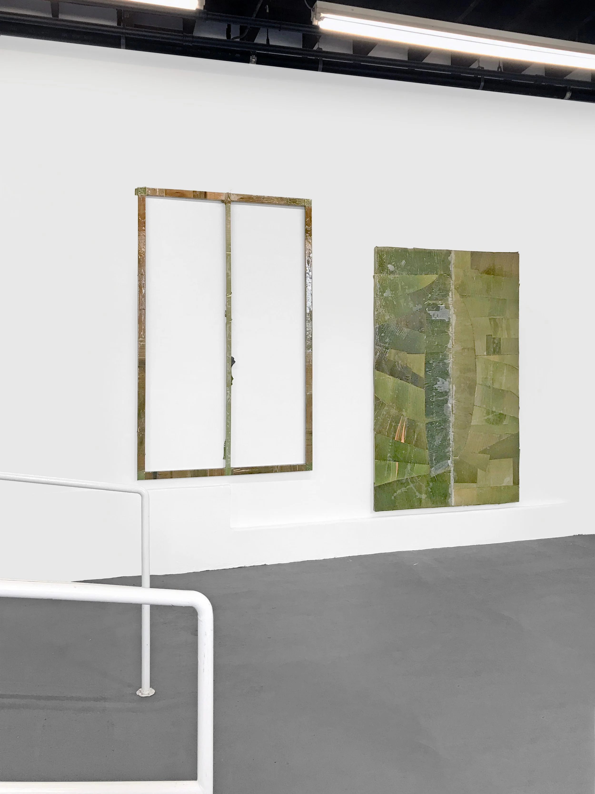  Colgão (Day 1)  “Morir Soñando” at the Knockdown Center, Maspeth, NY   Vicks VapoRub on plantain leaves and wood  96 x 60 inches  2018  "Colgao (Hang Up)" was exhibited for a 2018 show at the Knockdown Center in Maspeth, curated by Alex Santana enti