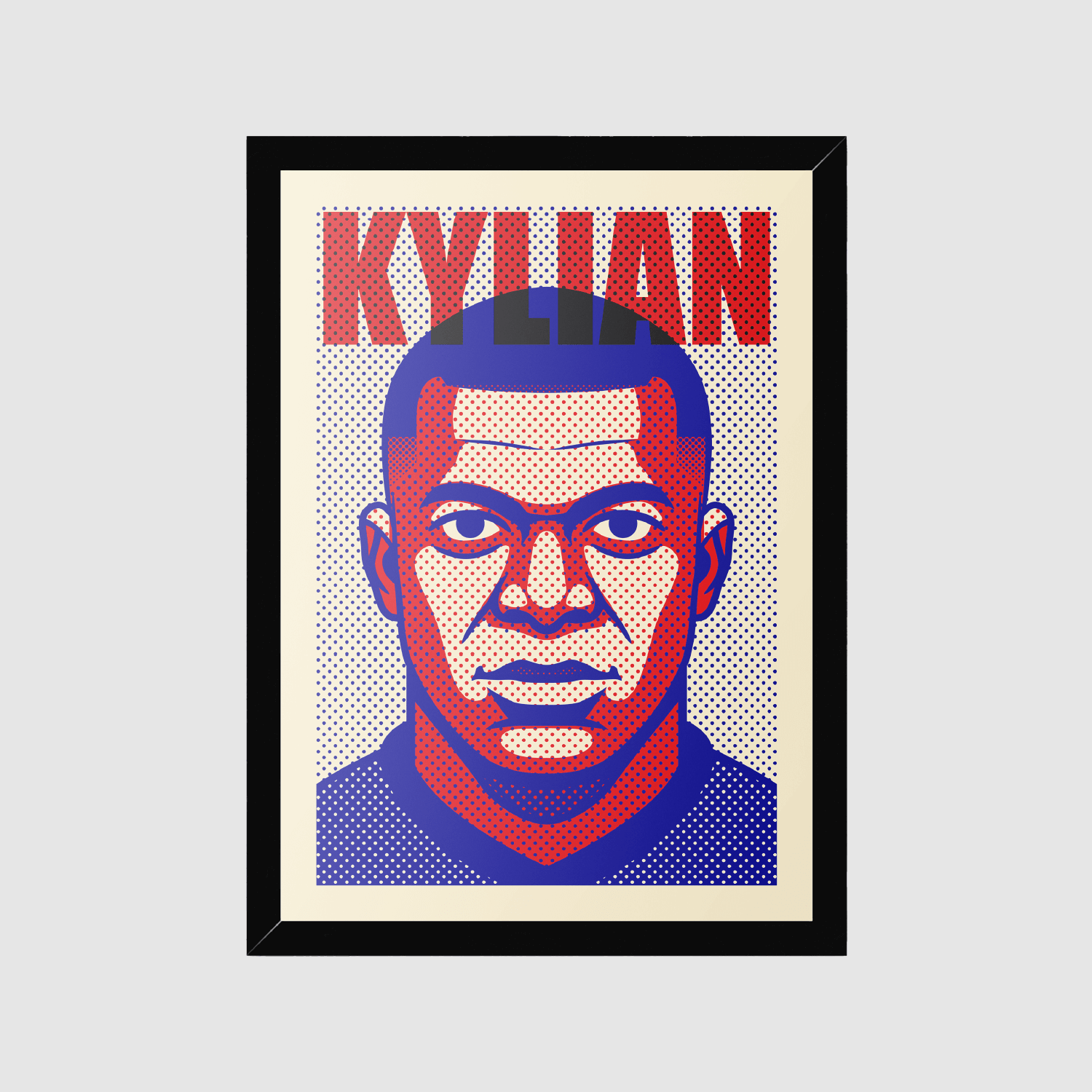 Framed L'ATTAQUANT art print in black wooden frame, football pop-art portrait