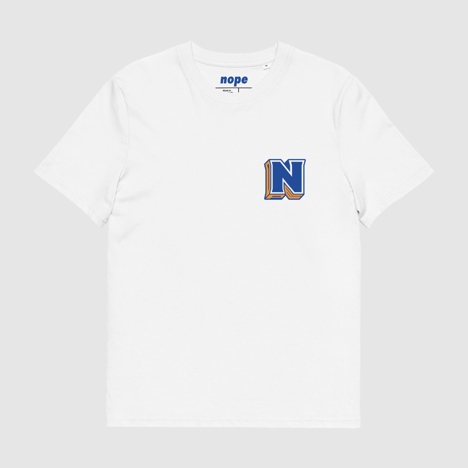 White Nope 3D Logo Tee front view with bold N chest graphic by Mr. Nope