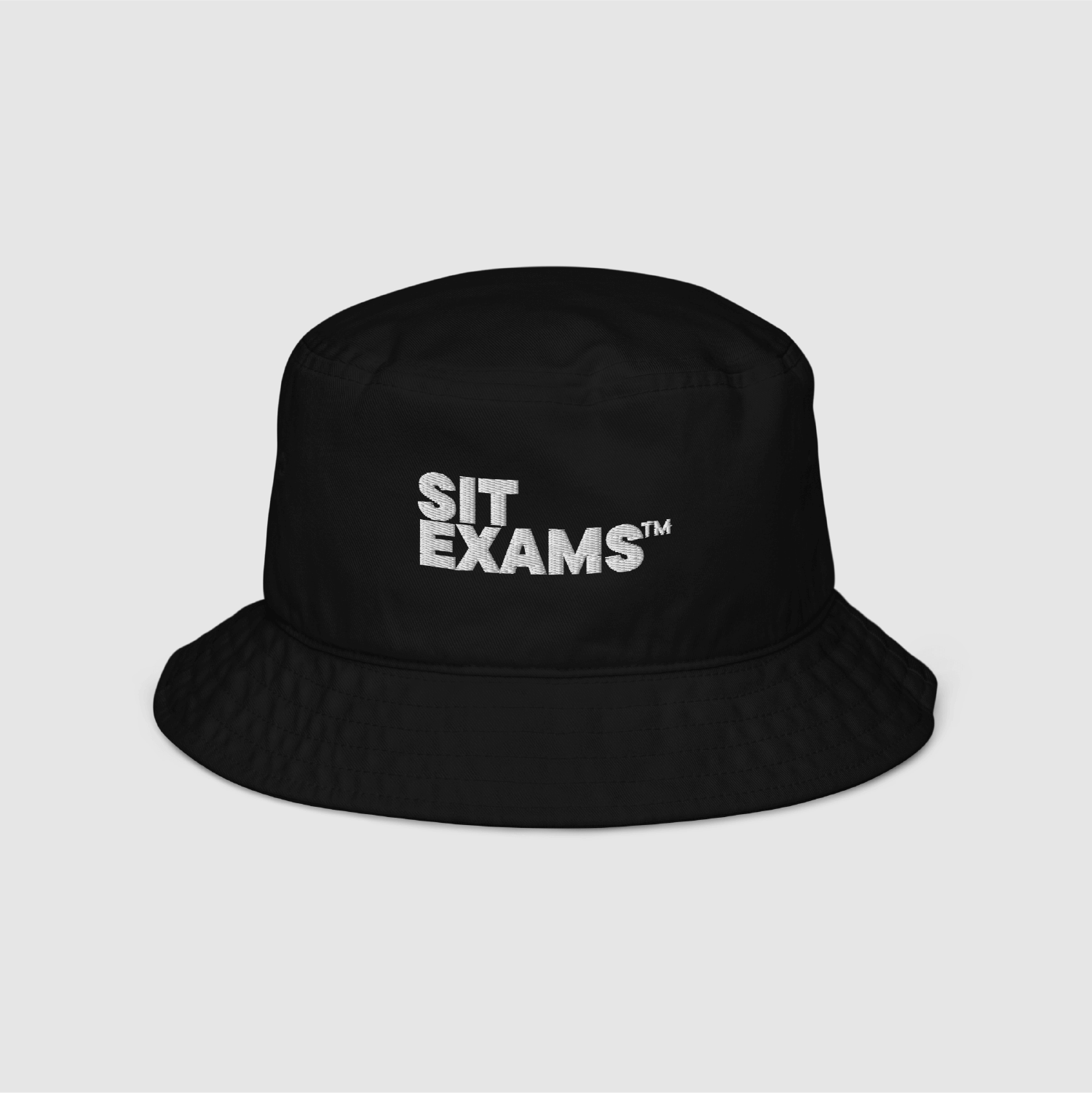 Sit Exams™ Bucket Hat in black with white embroidered slogan – front view