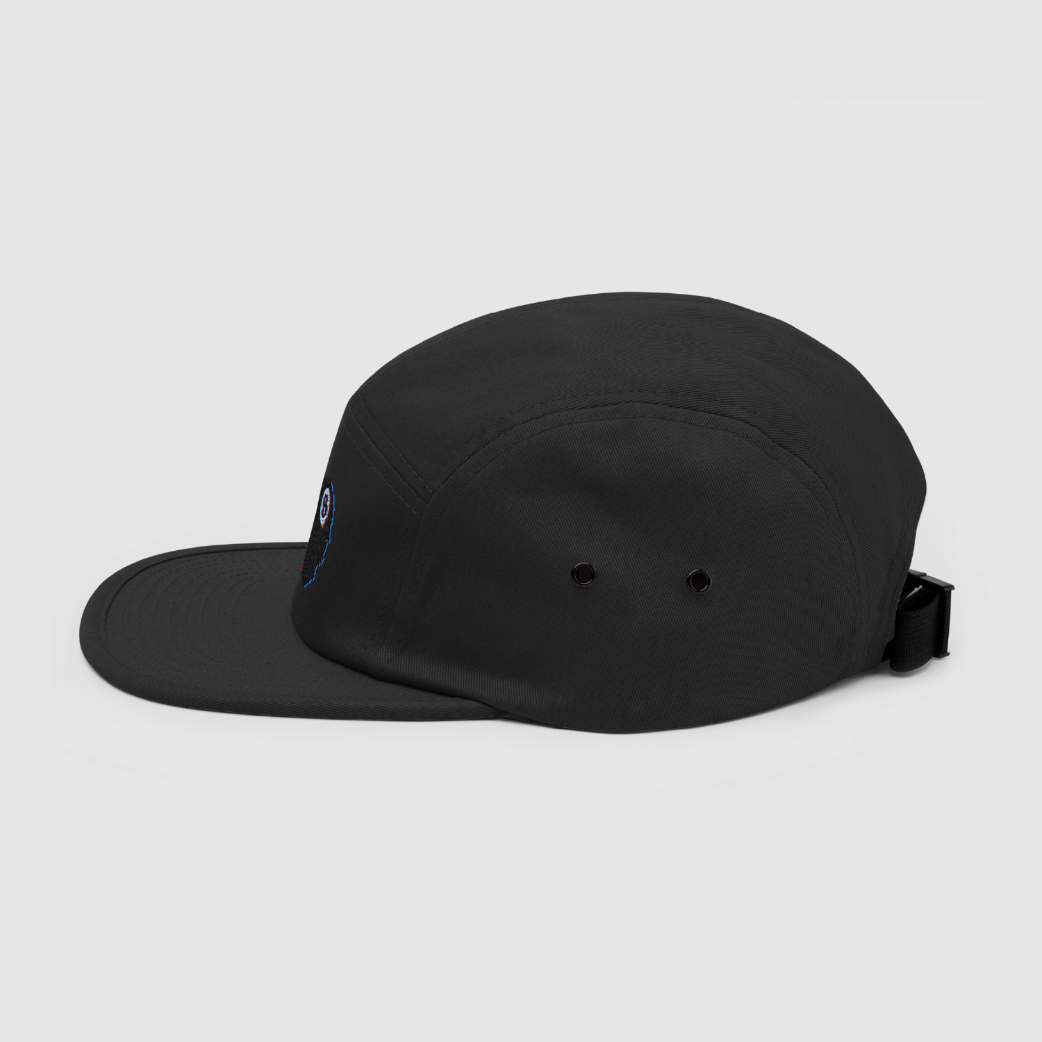 Left side view of the black 5-panel streetwear cap featuring glitch 8-ball embroidery – adjustable and lightweight, from nopeshop.com