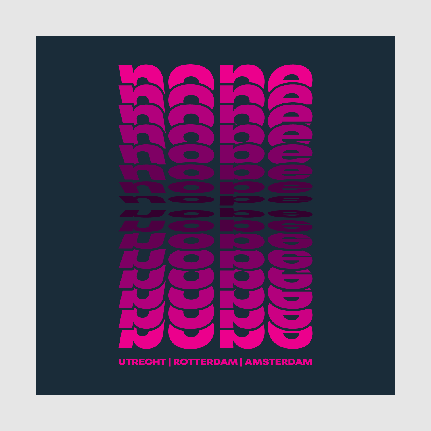 Graphic print design for Nope T-shirt showing layered pink text distortion with Dutch city names