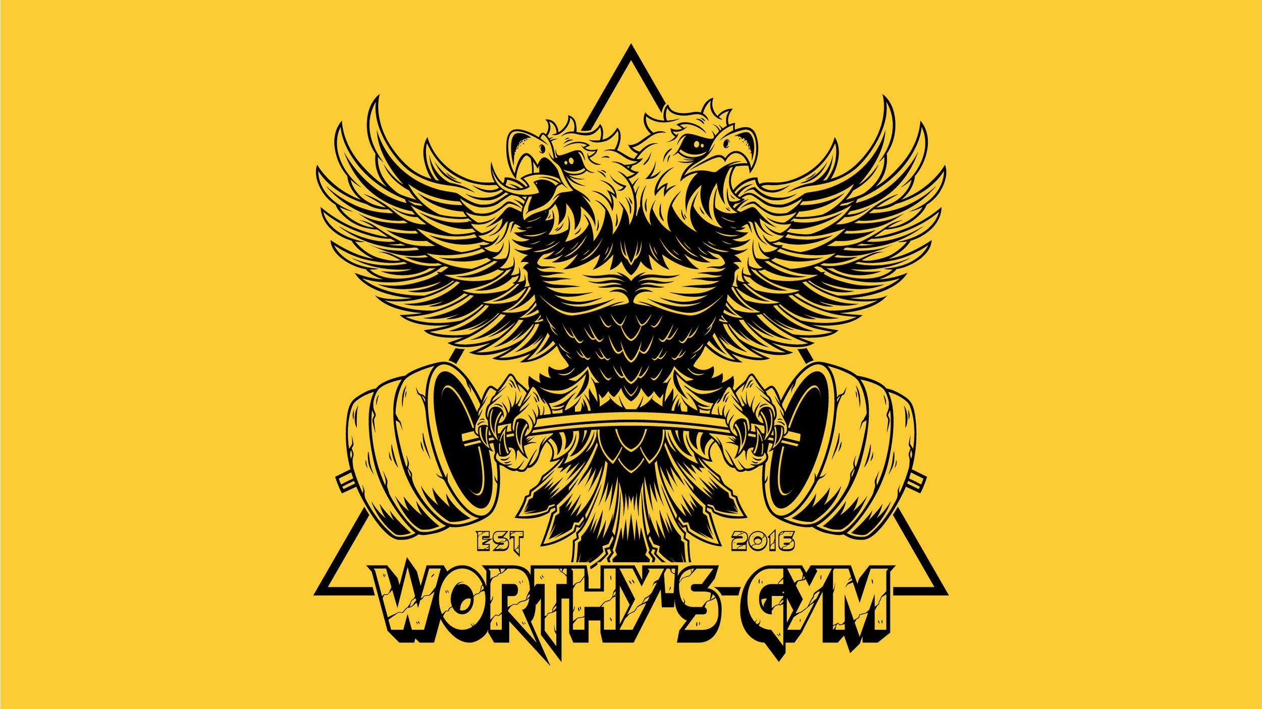 Black illustration of a double-headed eagle with wings spread, clutching a barbell with large weight plates on each end, on a yellow background. Below, the text reads "Worthy's Gym" with smaller text "EST 2016".