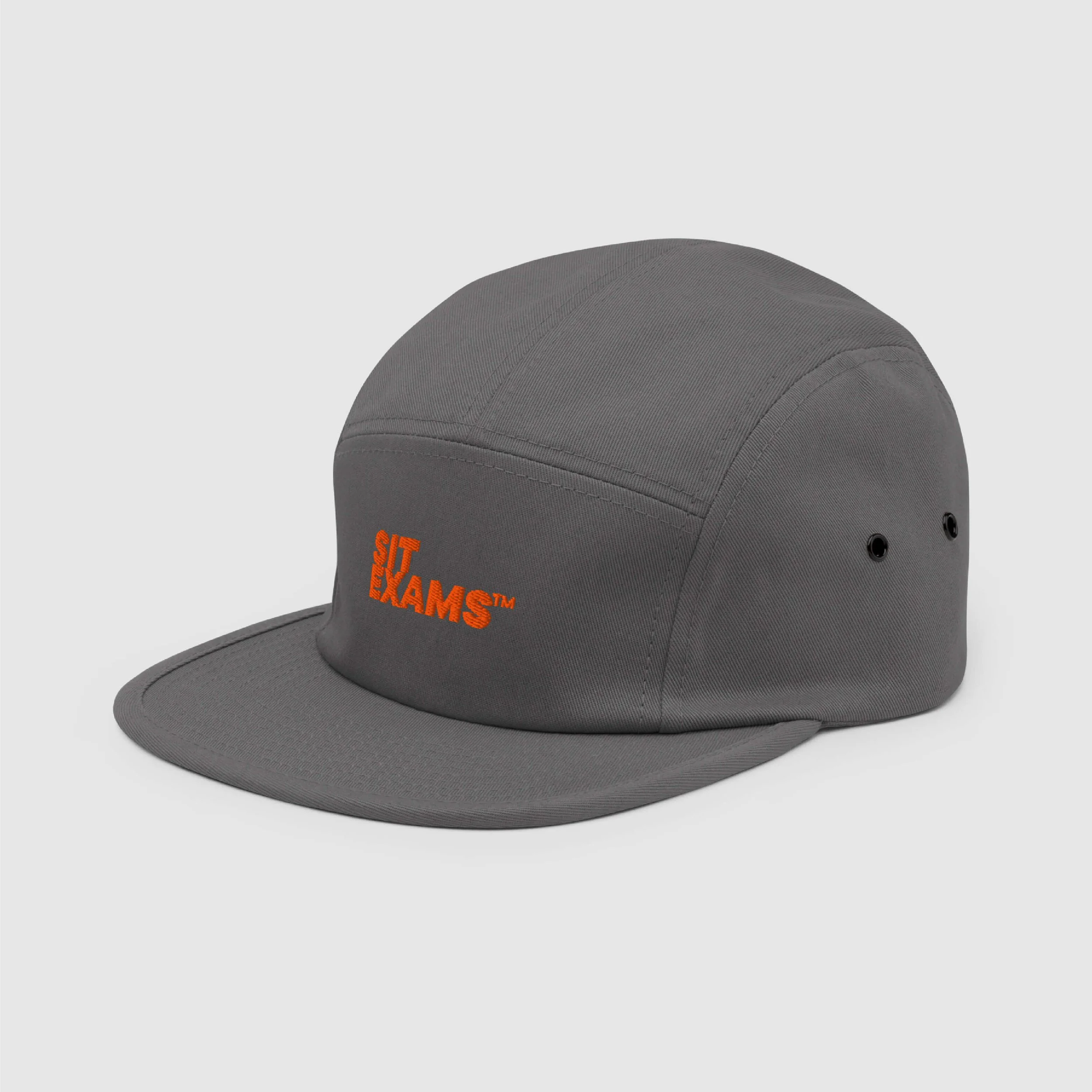 Sit Exams™ 5-panel cap with structured brim – angled left front view for streetwear styling
