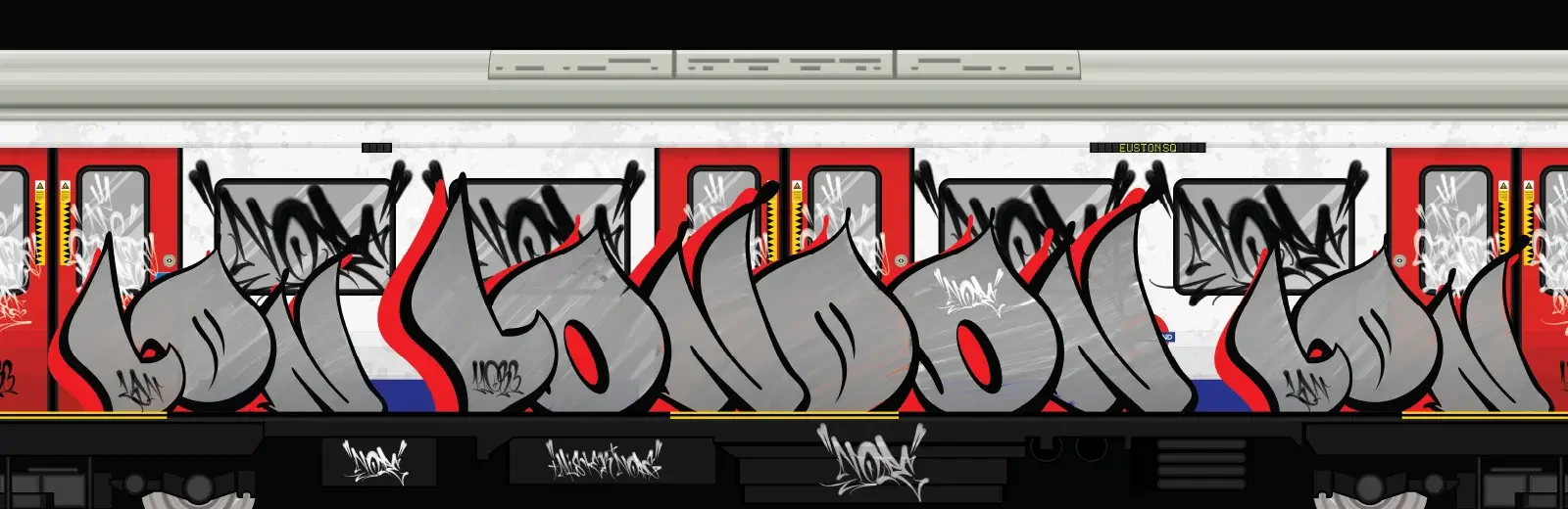 Graffiti illustration of London Underground tube train covered in throw-up style lettering spelling London, from the Throw Up City graffiti art portfolio by Mr. Nope.