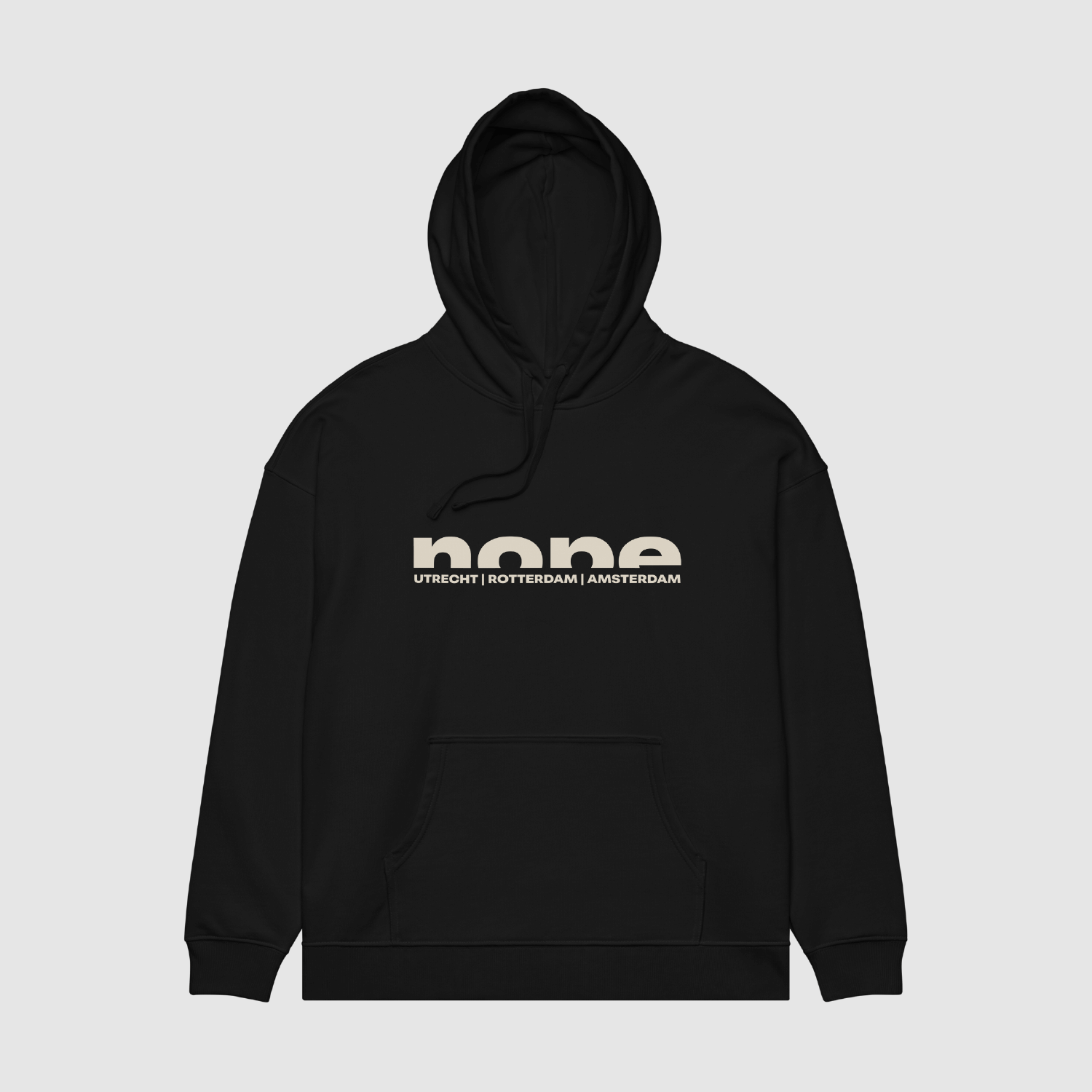 Front view of black hoodie with minimal nope logo and city names in sand print – modern streetwear