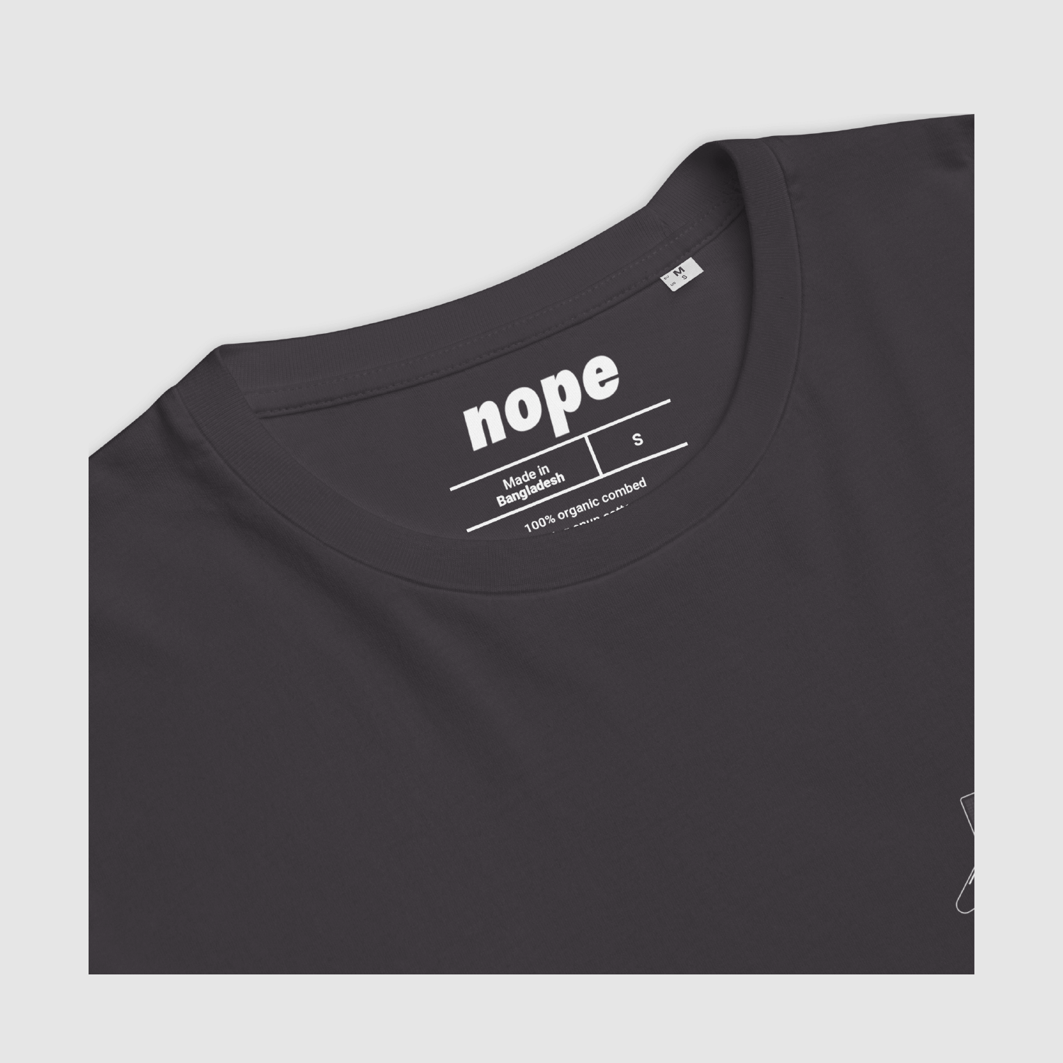 Nope MLLW Tee Graphic Anthracite: Close-up of the “More Love Less War” mascot graphic with heart hands and Nope text