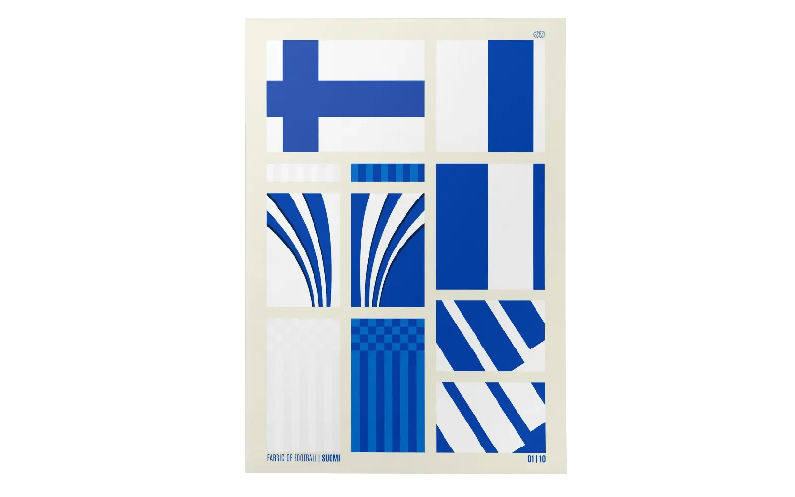 Collection of blue and white fabric patterns inspired by the Finland flag, labeled 'Fabric of Football | SUOMI,' with a small text '01 | 10' at the bottom right.