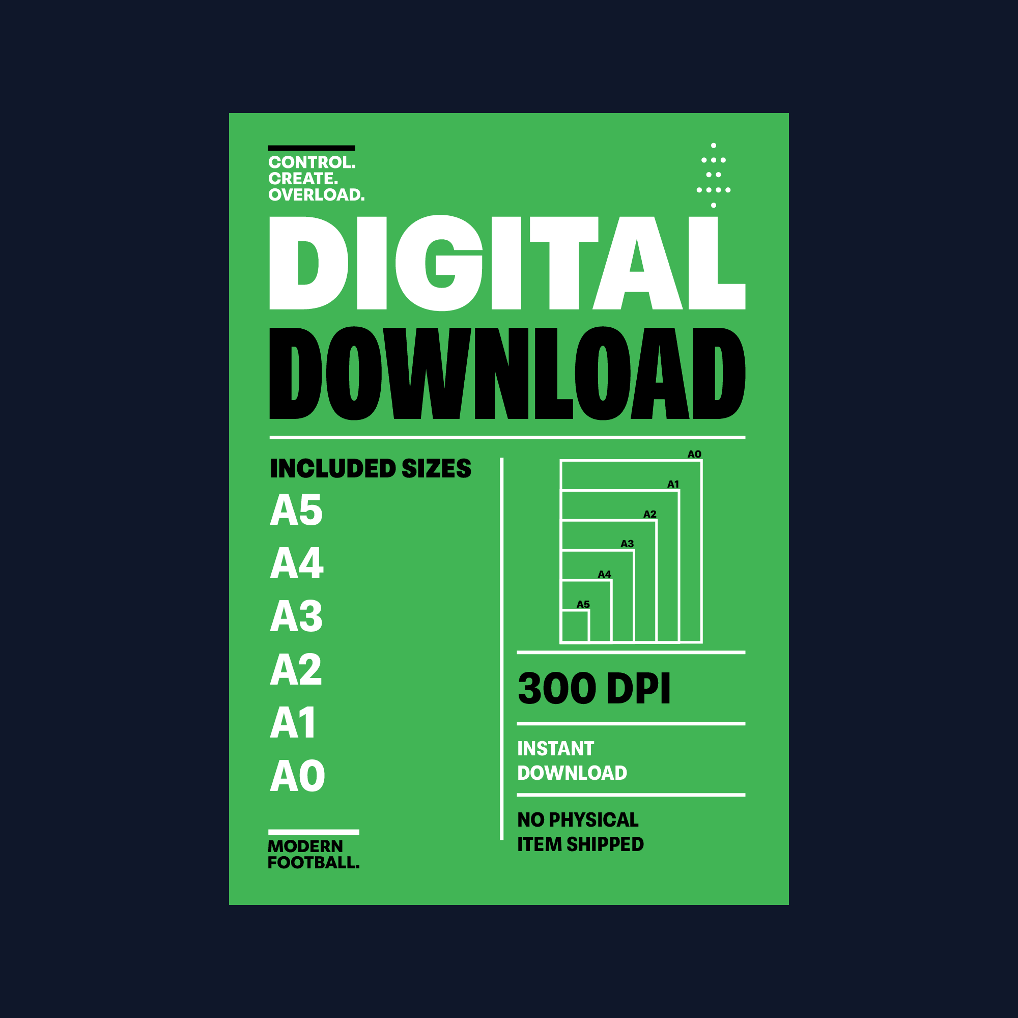 4-2-3-1 football formation poster digital download information sheet showing included A5 to A0 print sizes, 300 DPI resolution and instant download details.