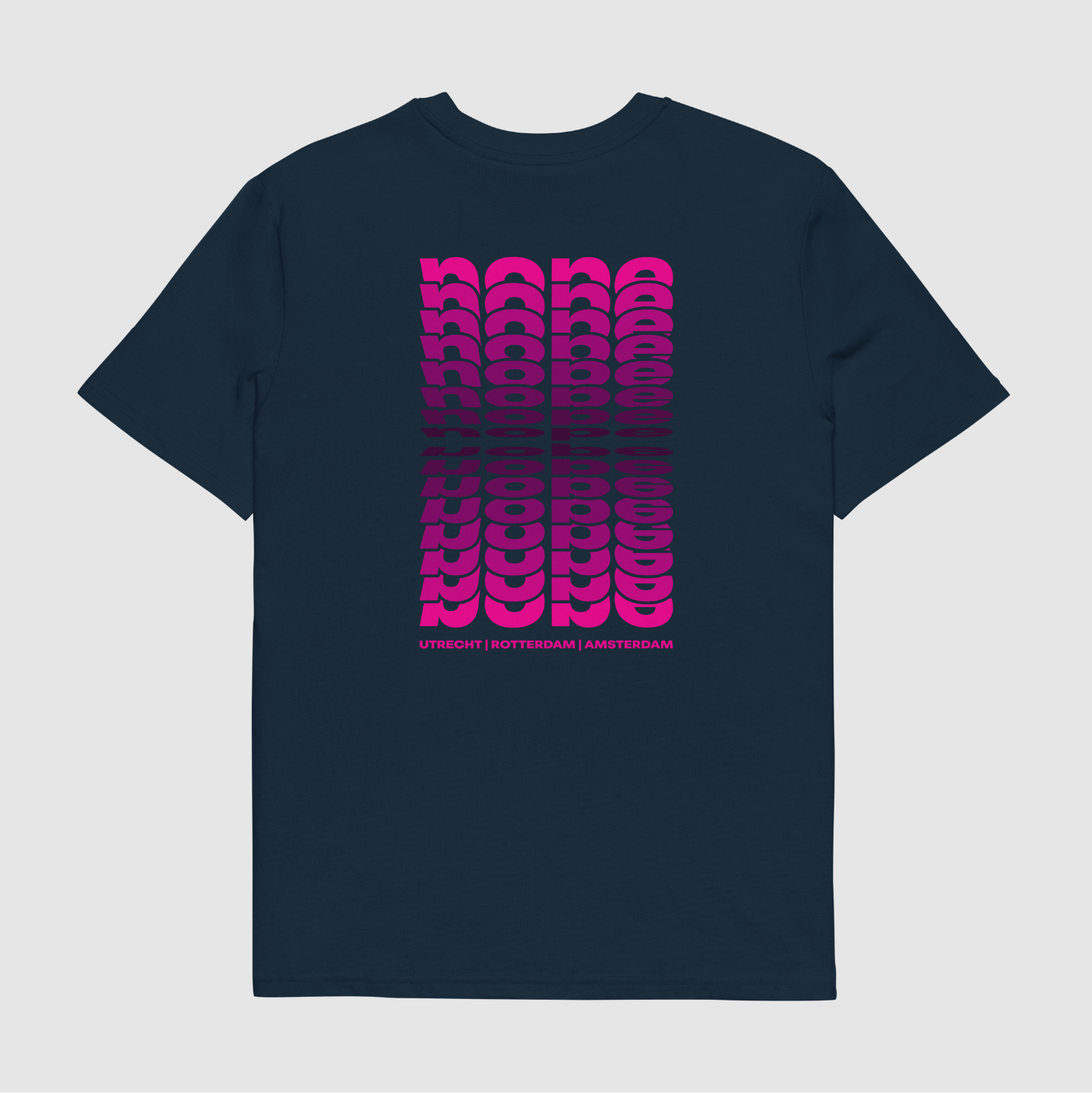 Back of Nope T-shirt featuring bold stacked hot pink logo graphic with Utrecht, Rotterdam, Amsterdam text