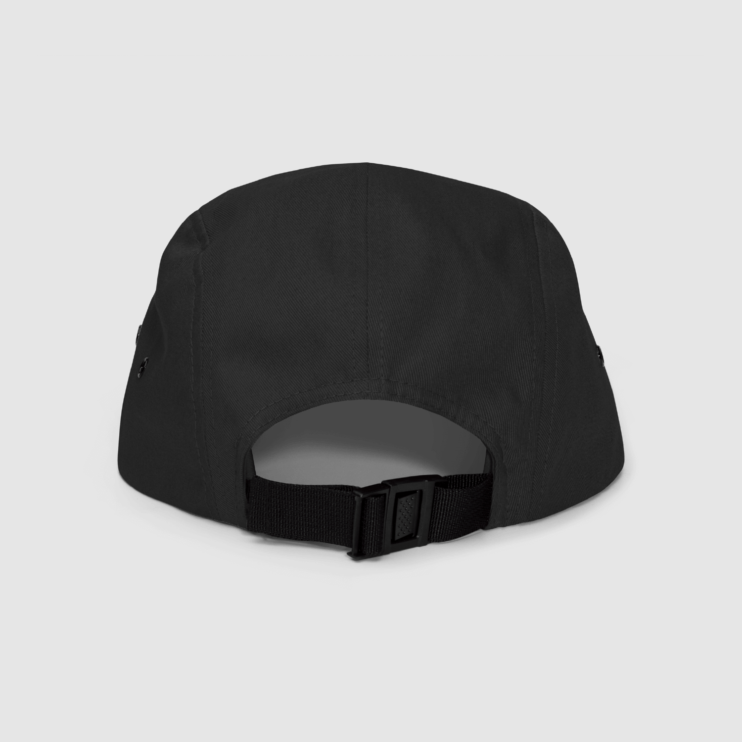 Back view of the Mr. Nope black 5-panel cap with adjustable clip strap – minimalist streetwear headwear available at nopeshop.com