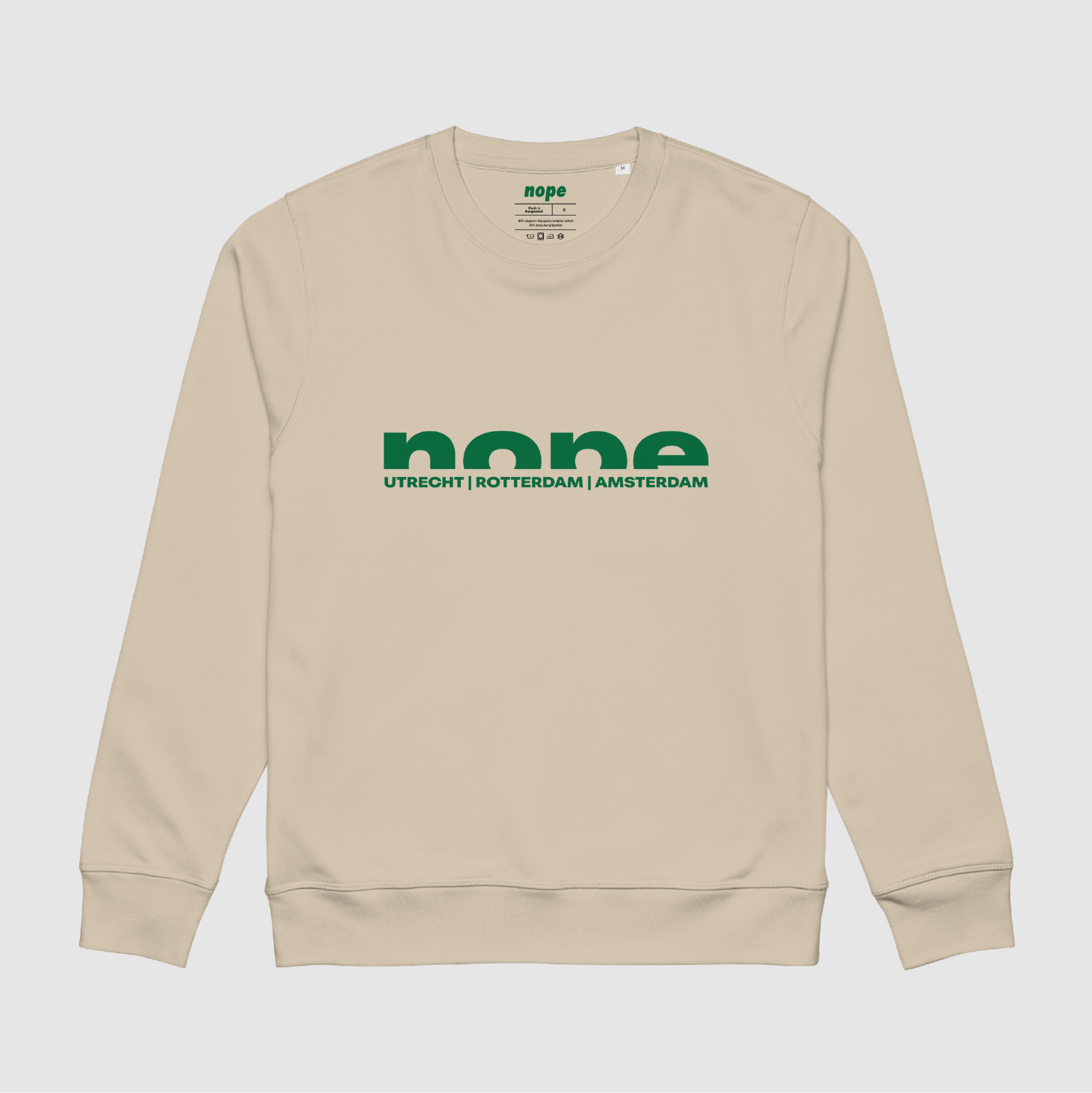 Nope Text Logo Sweatshirt in desert beige with dark green Utrecht, Rotterdam, Amsterdam graphic across the chest
