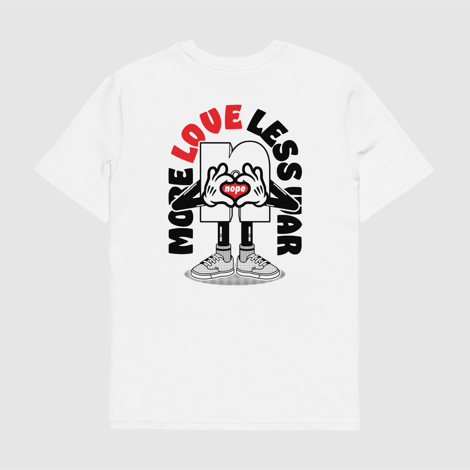 Nope MLLW Tee Back White: White t-shirt back with More Love Less War design featuring Mr. Nope mascot and bold graphic print