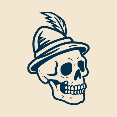 Zero Fuchs skull mascot illustration with Bavarian hat and feather for Pilsner label