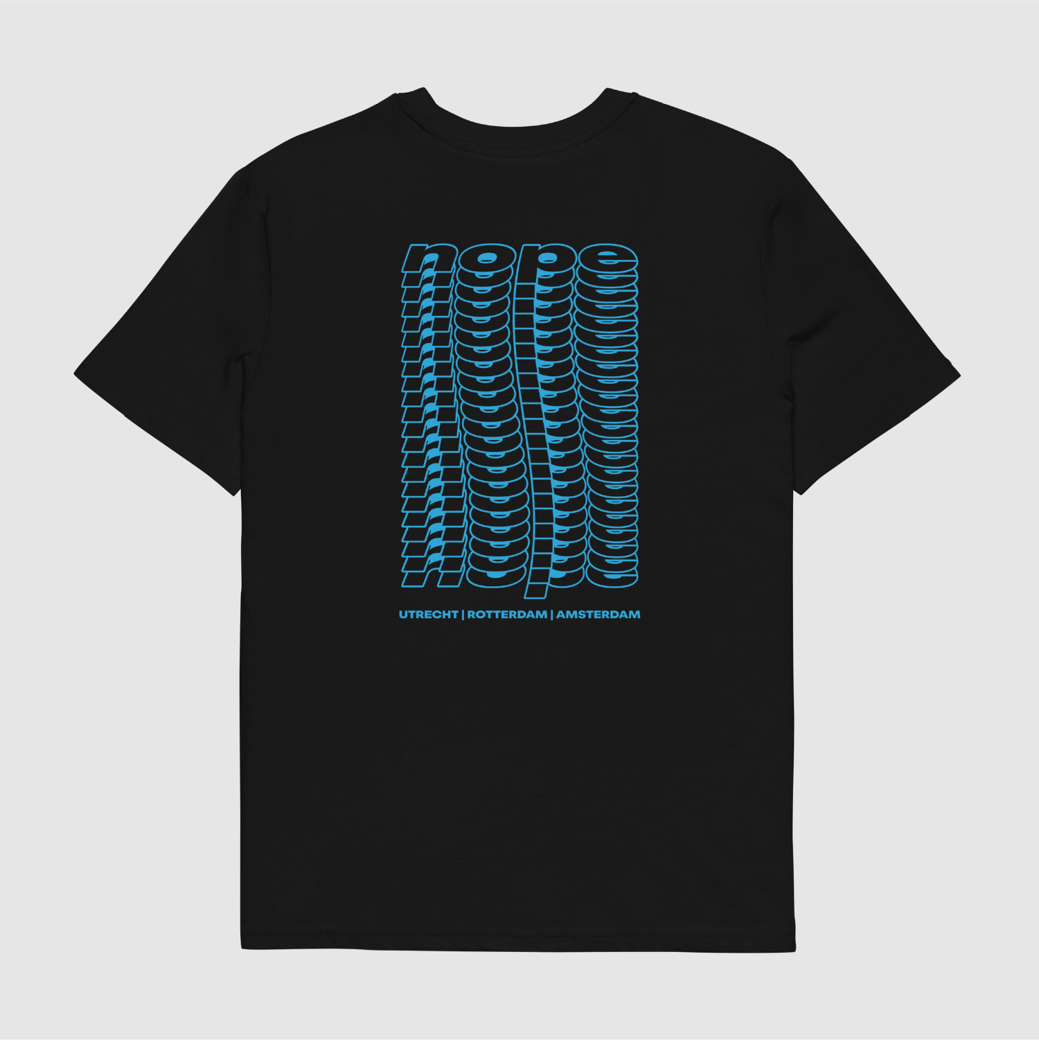 Back view of black Nope T-shirt with warped stacked blue logo and Dutch city names — bold streetwear graphic