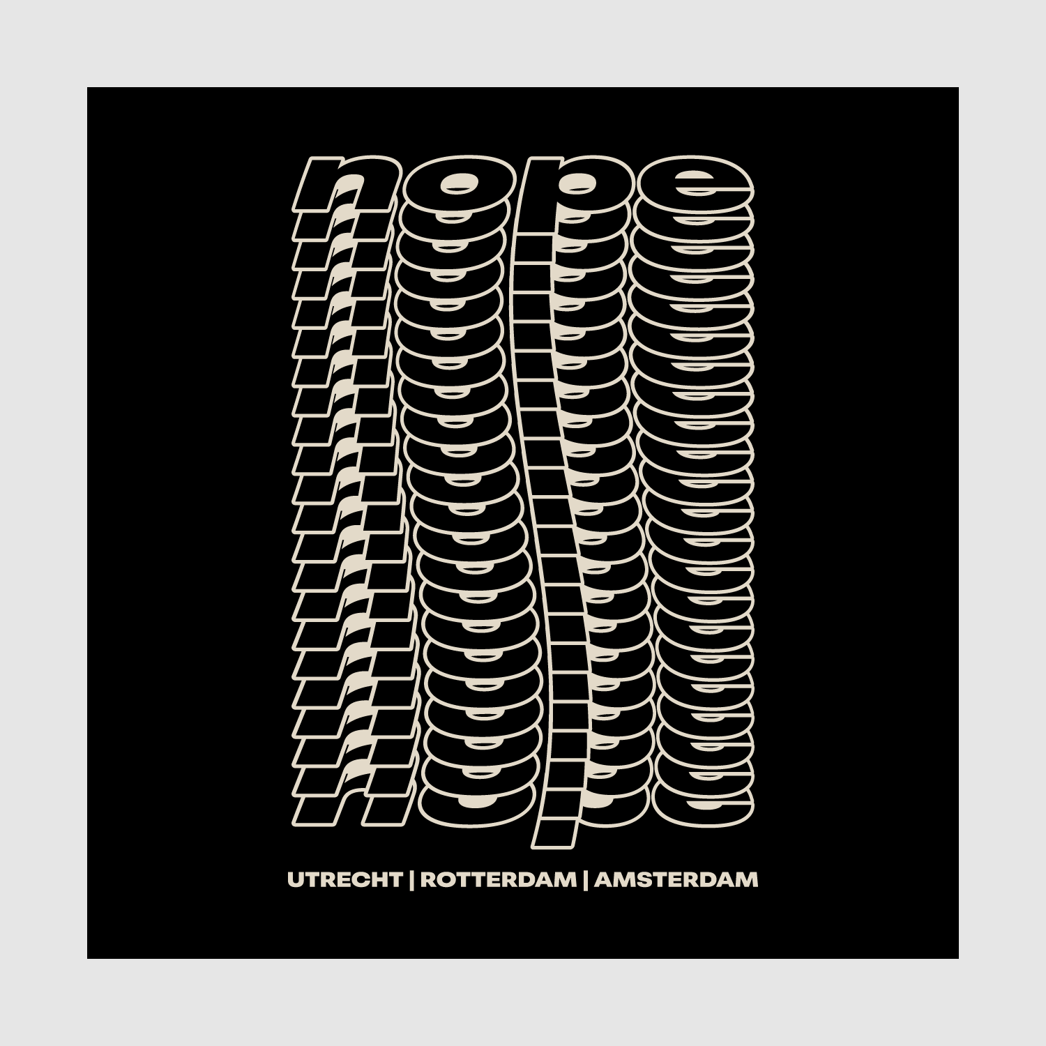 Typographic wave distortion artwork featuring repeated nope text – Utrecht Rotterdam Amsterdam underneath