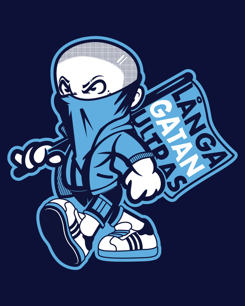 Dark navy version of the Långa Gatan Ultras supporter mascot holding a flag.