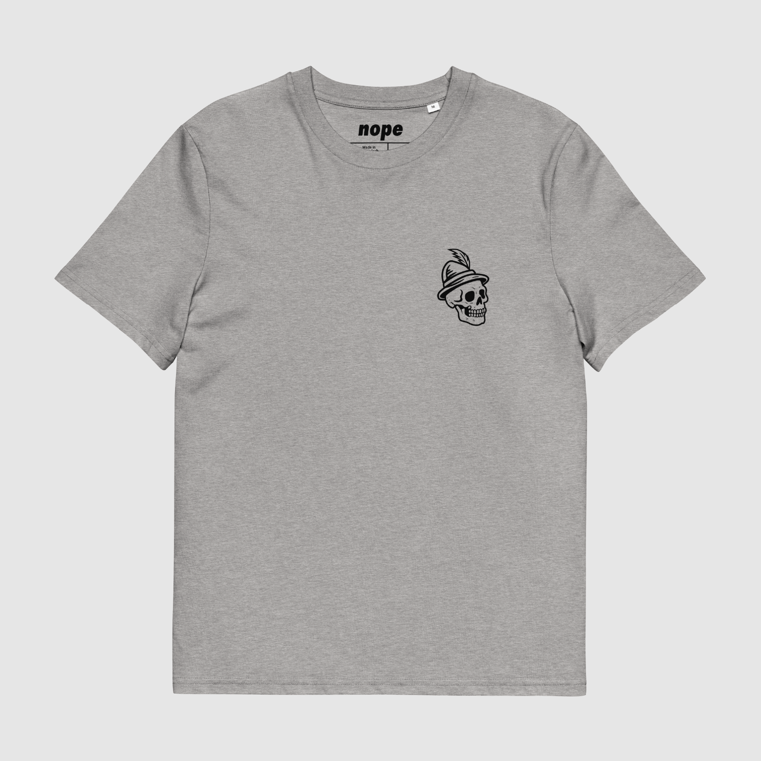 Front view of Heather Grey Zero Fuchs Pilsner T-Shirt featuring Alpine skull graphic on chest and gothic detailing.