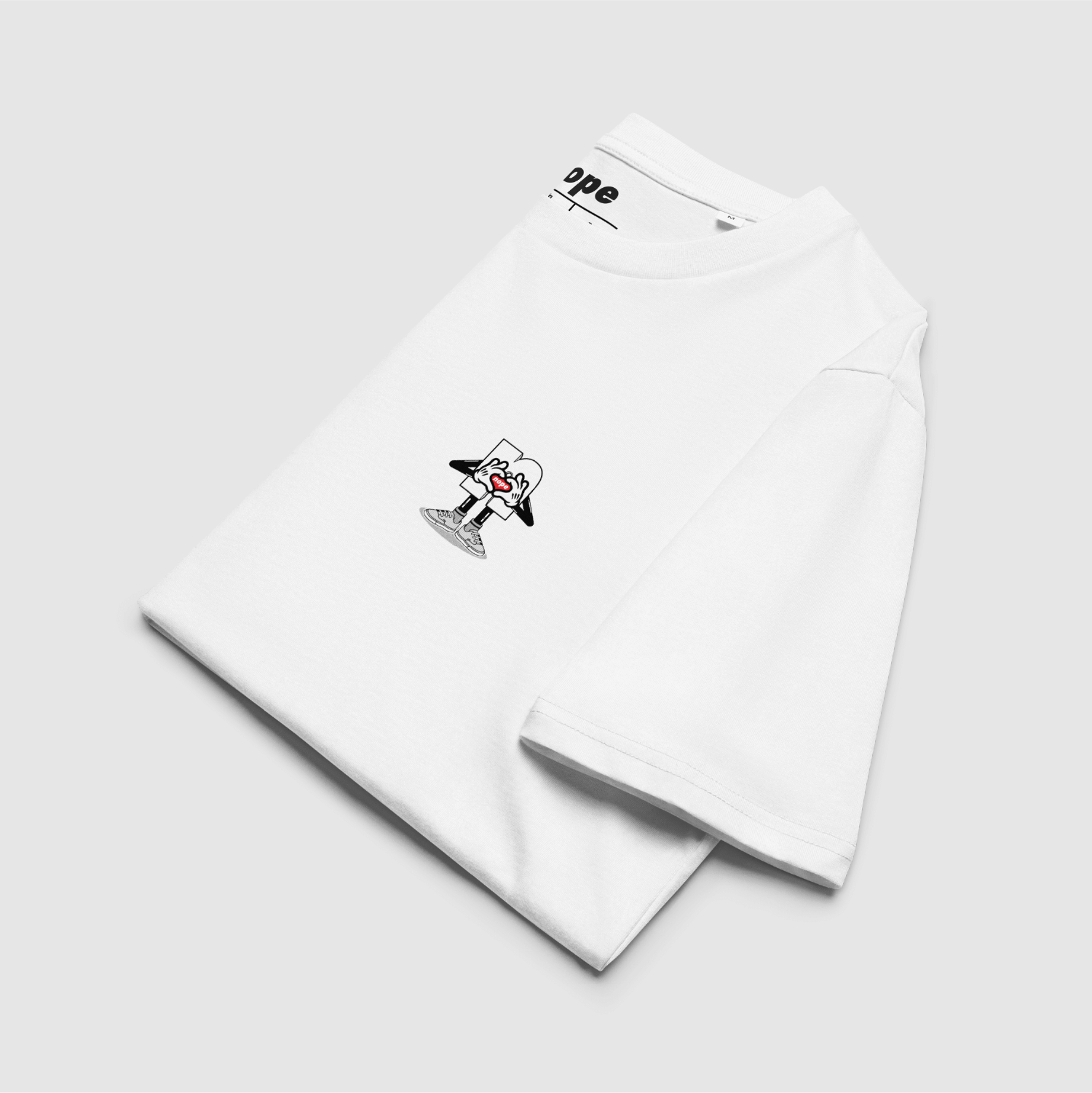 Nope MLLW Tee Folded White: Folded white tee showing mascot chest print and neckline label
