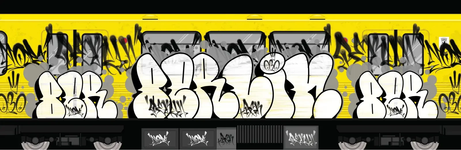 Graffiti illustration of Berlin U-Bahn subway car with bold throw-up style lettering spelling Berlin, part of the Throw Up City urban graffiti portfolio by Mr. Nope.