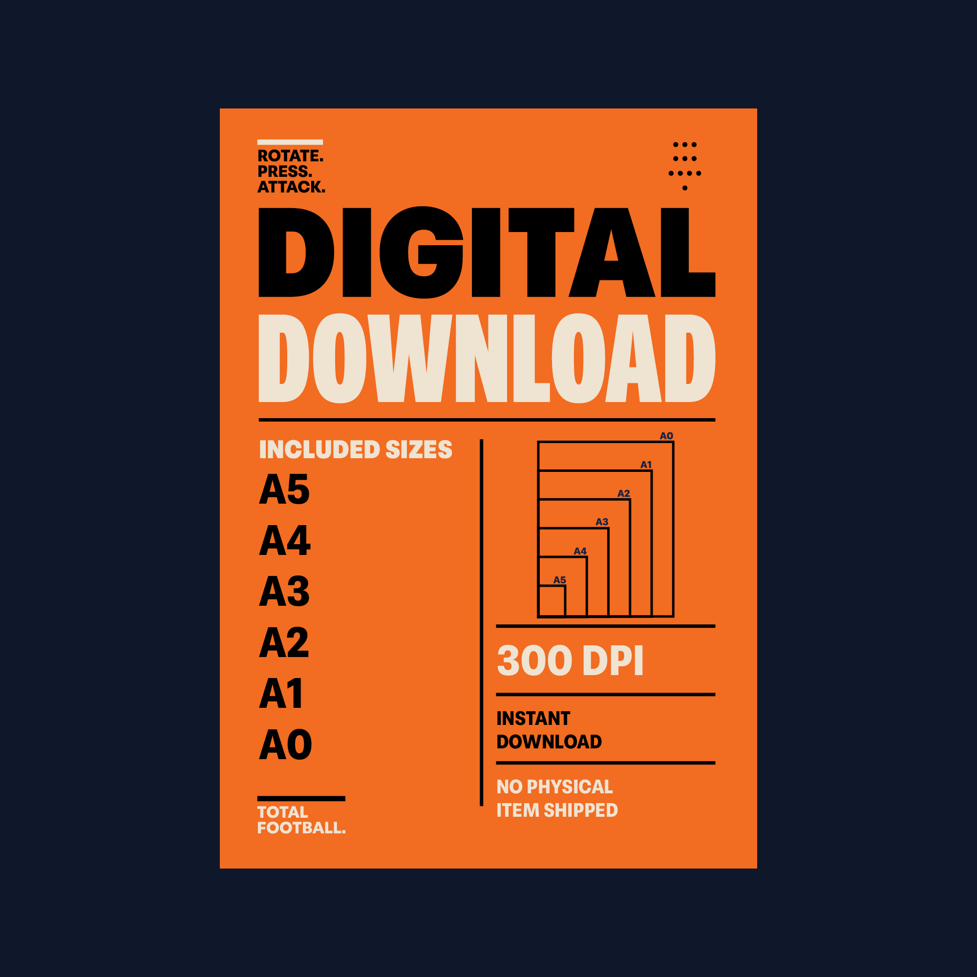 4-3-3 Football Formation Poster Digital Download information showing included A5 to A0 sizes, 300 DPI PNG files and instant download access