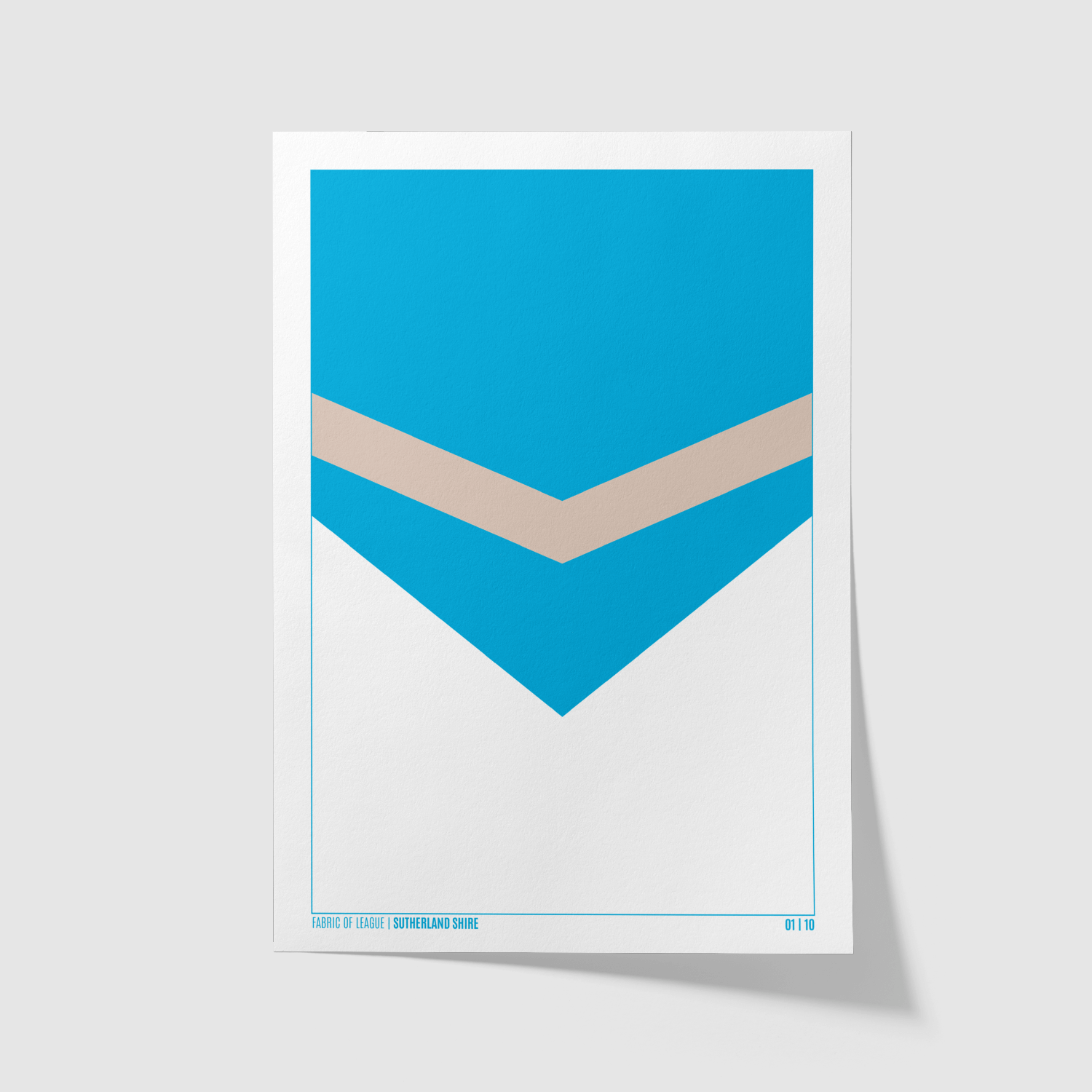 Minimal Sutherland Shire 1998 rugby league art print – unframed, sky blue chevron design.