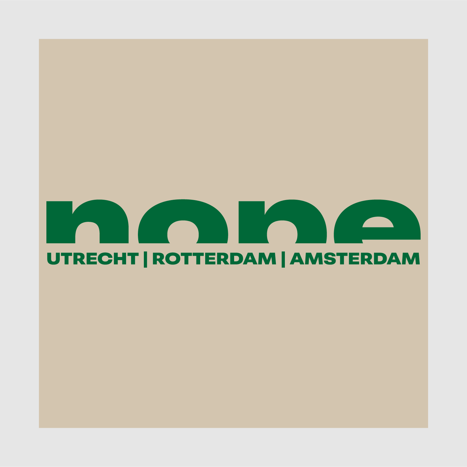Green Nope text logo with Utrecht, Rotterdam, Amsterdam below – typographic graphic on beige background