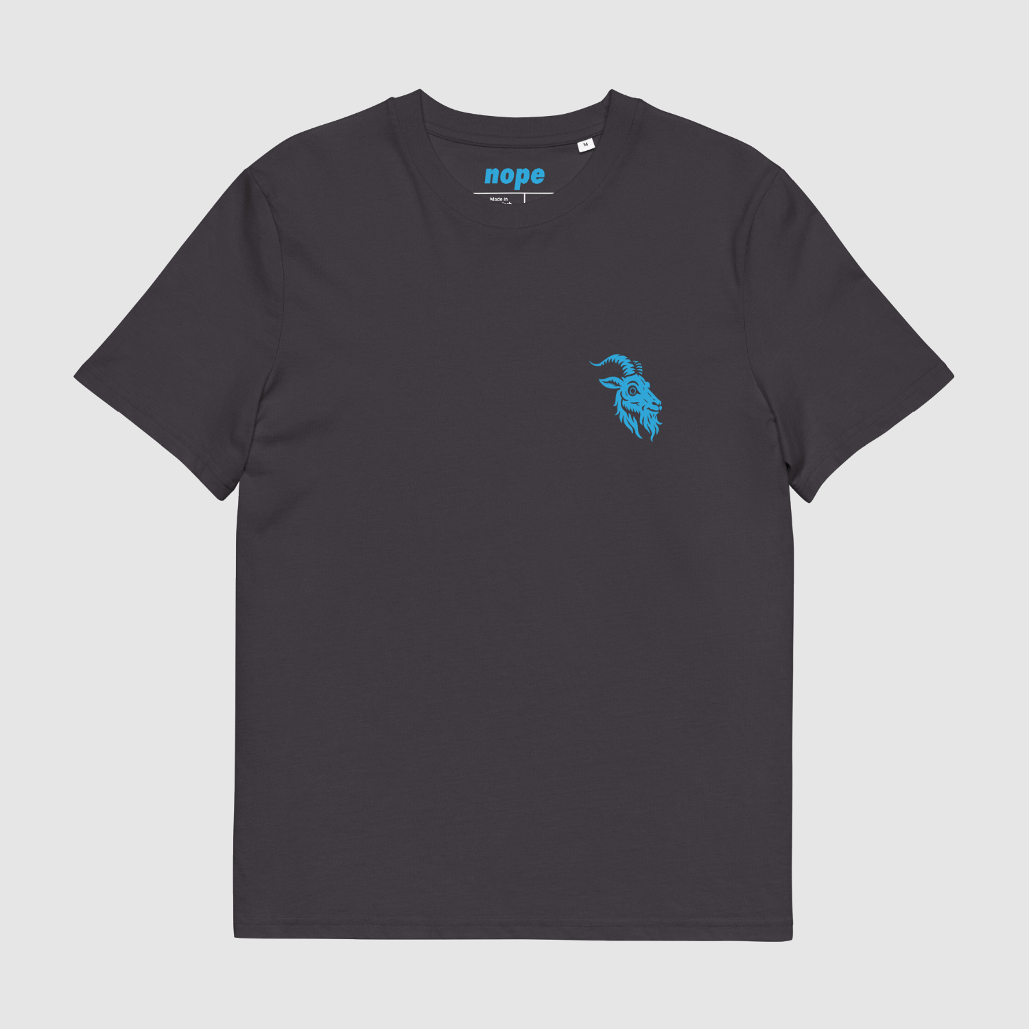 Front view of black Zero Fuchs Eisbock T-Shirt featuring bright blue Alpine goat emblem on the chest.