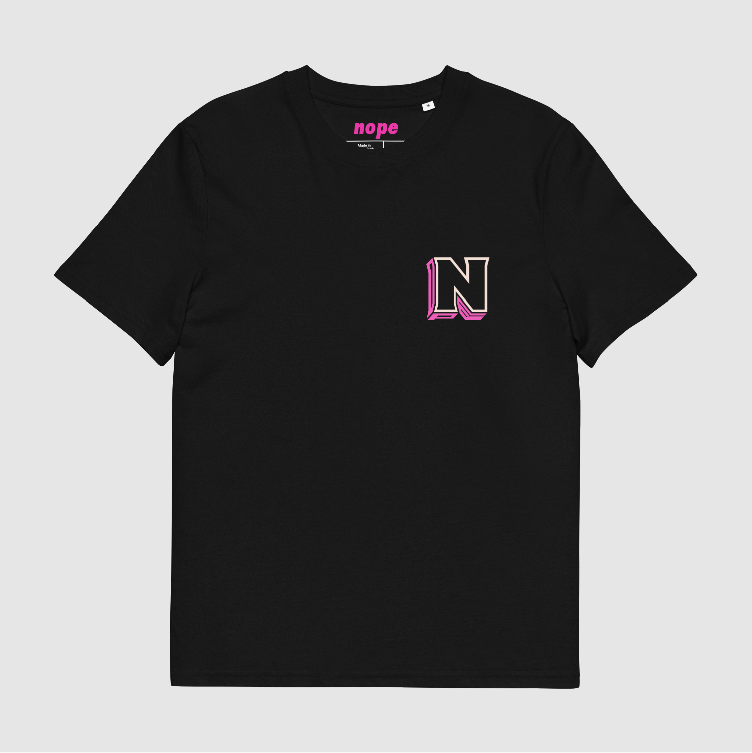 Black Nope 3D Logo T-shirt with pink and cream chest graphic by Mr. Nope