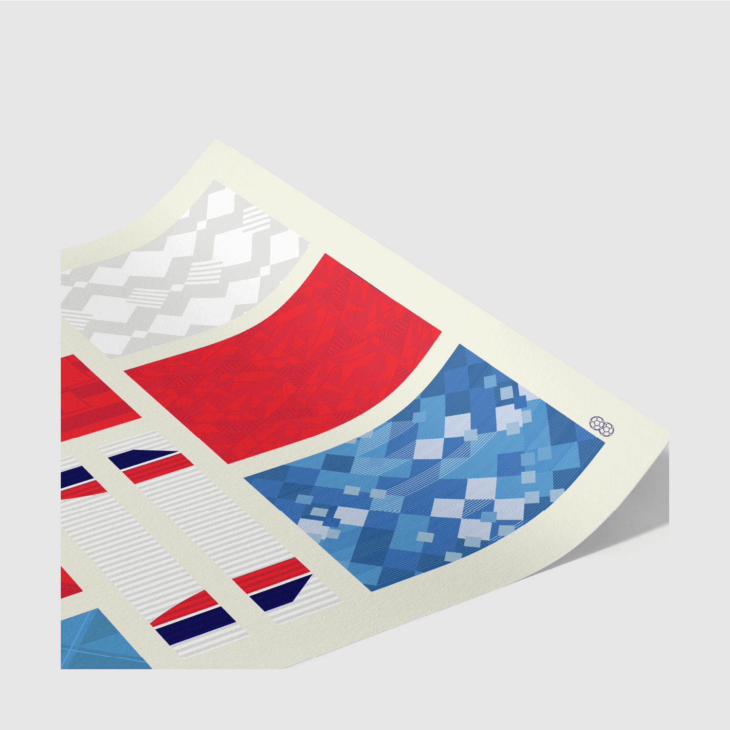Angled view of England Fabric of Football print highlighting clean stripes and geometric shapes