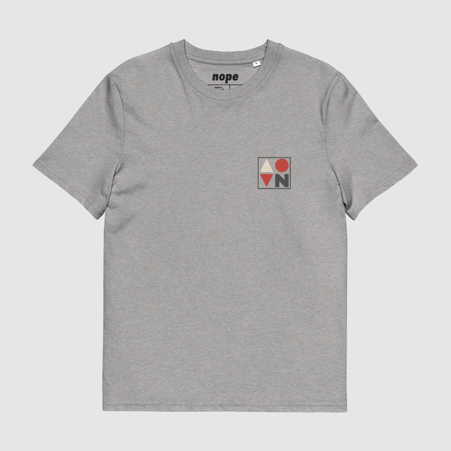 Front view of grey NOPEHAUS Structural T-Shirt with geometric logo chest graphic