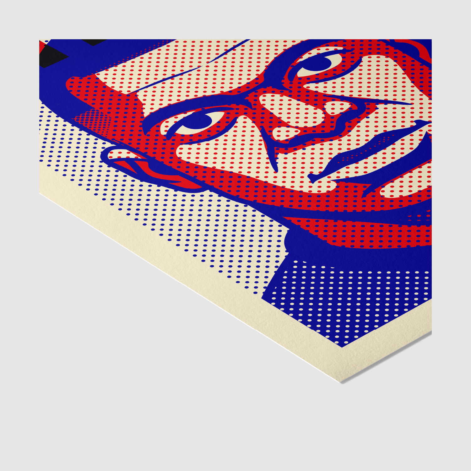 Detail of L'ATTAQUANT pop-art print showing fine art paper and bold blue tones