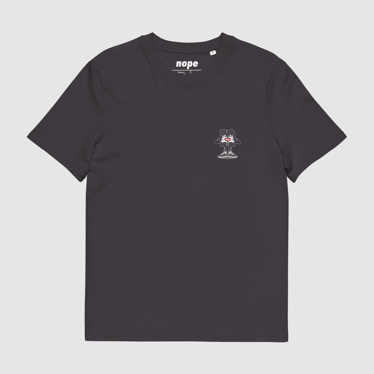 Nope MLLW Tee Folded Anthracite: Folded anthracite t-shirt with front chest mascot graphic visible