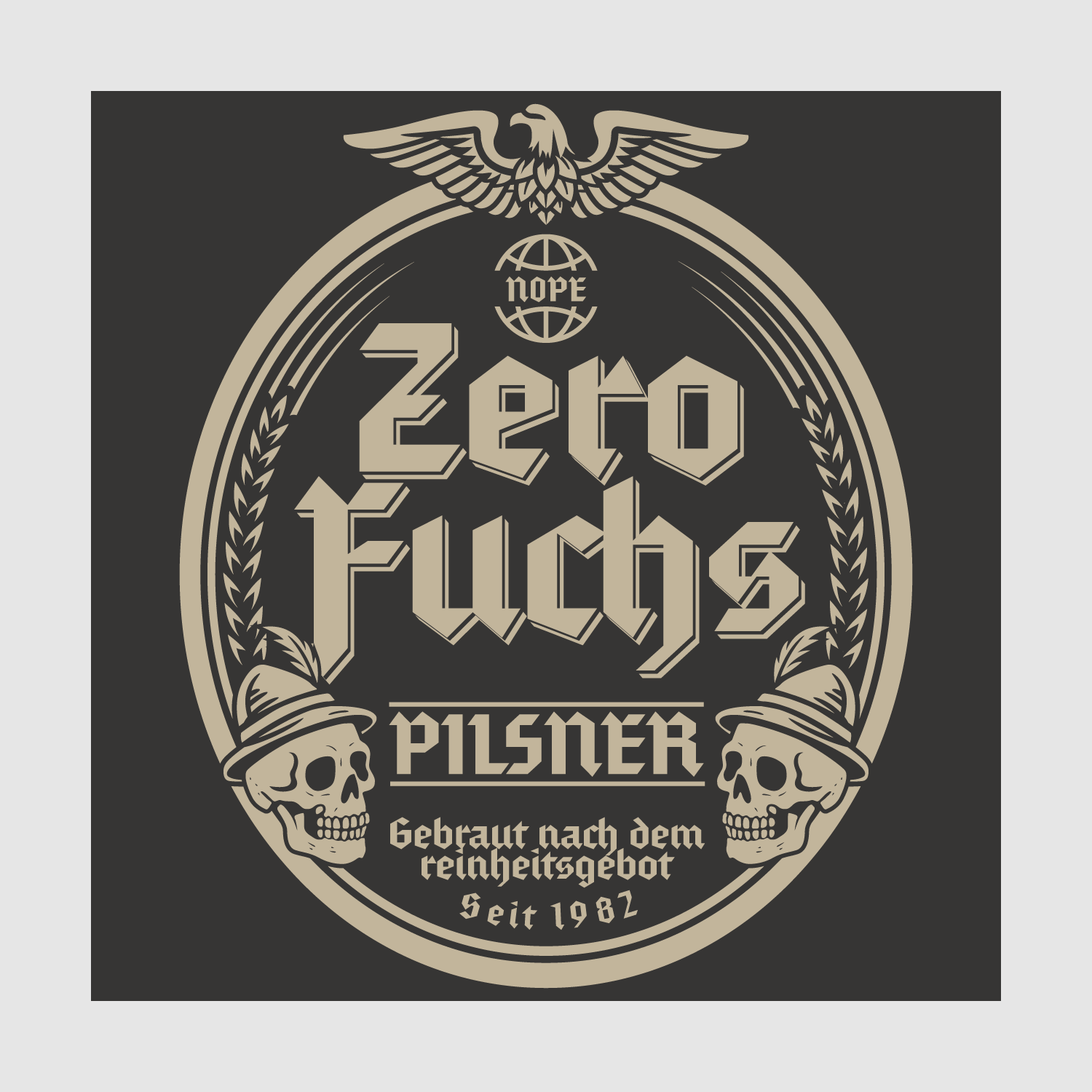 Detailed graphic view of the Zero Fuchs Pilsner parody beer label in cream on dark background, featuring skulls, gothic fonts, and NOPE eagle crest.