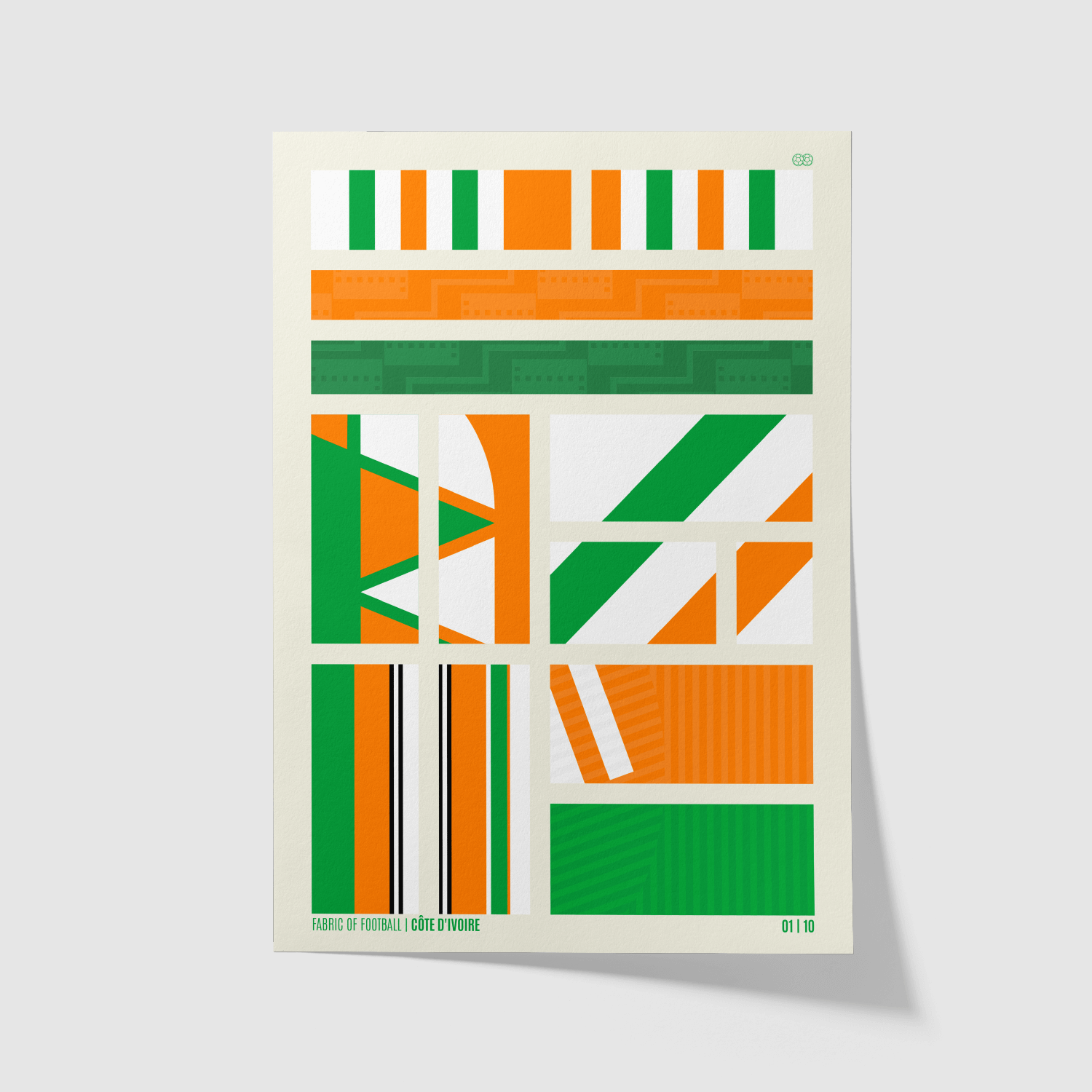 Côte d’Ivoire Fabric of Football art print featuring bold orange, green, and white geometric football shirt patterns – unframed