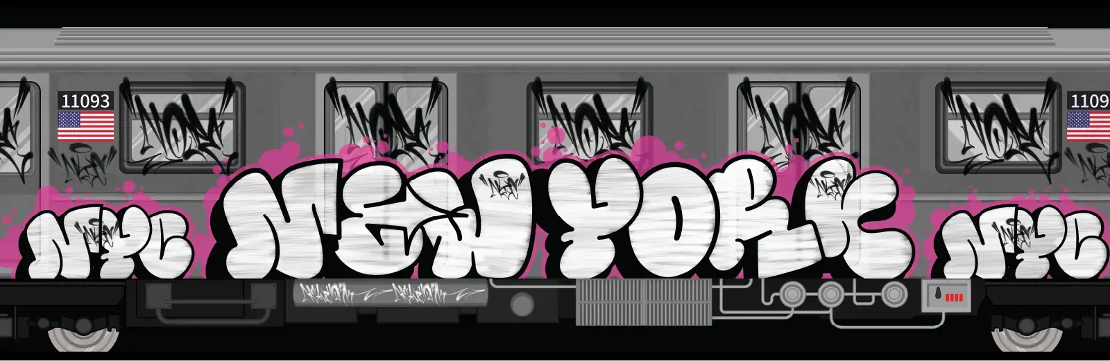 Graffiti illustration of New York subway train with bold throw-up lettering reading NYC and New York, part of the Throw Up City portfolio series by Mr. Nope.