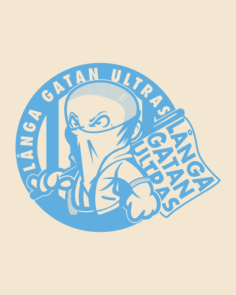 Långa Gatan Ultras illustration in light blue with masked supporter holding a flag.