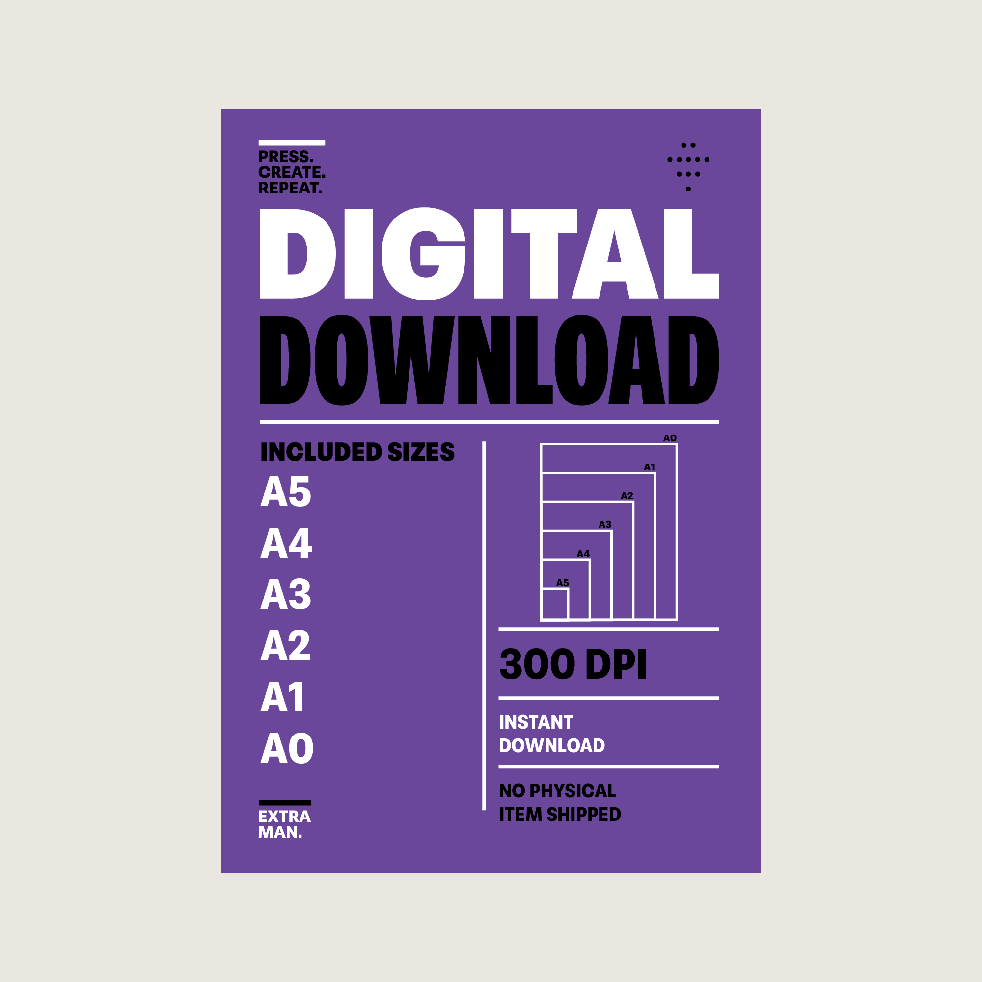 3-5-2 football formation poster digital download information sheet showing included A5, A4, A3, A2, A1 and A0 print sizes, 300 DPI artwork and instant download details.