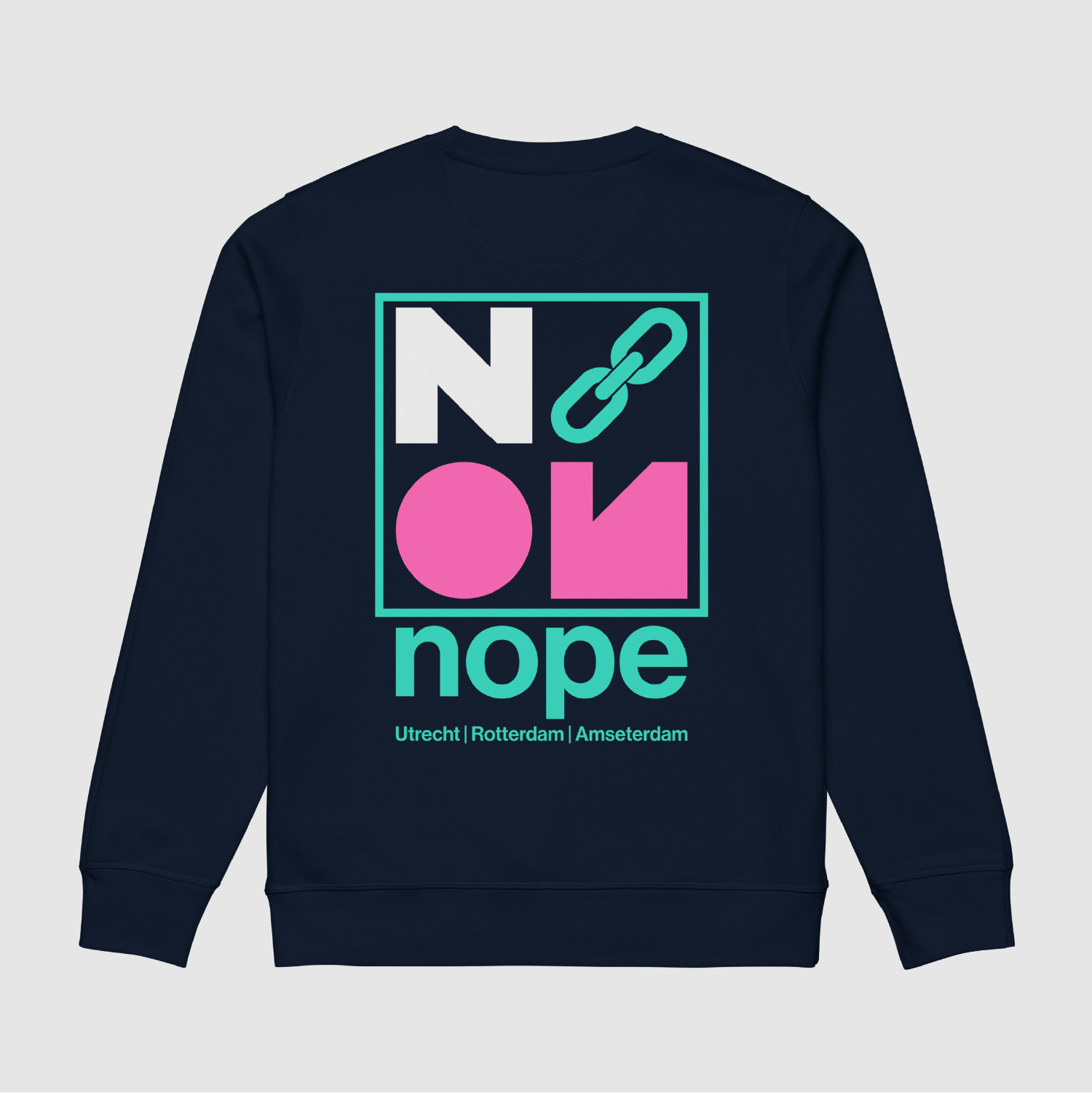 Back Graphic View: Bauhaus-style back graphic on Nopehaus Zoned sweatshirt – abstract shapes and city branding by Mr. Nope