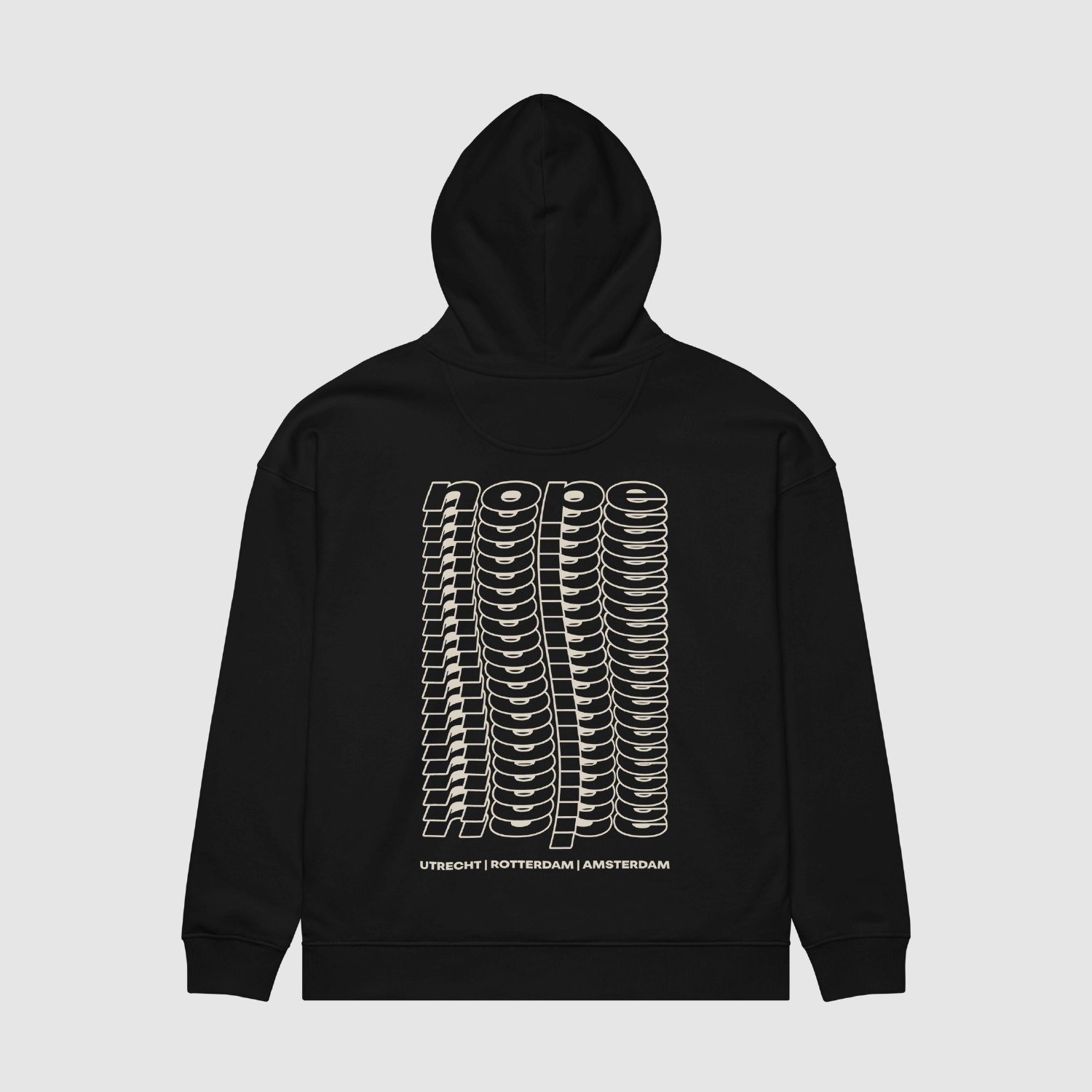 Back view of black hoodie with distorted NOPE stacked graphic in cream – Wave Edition by Mr. Nope