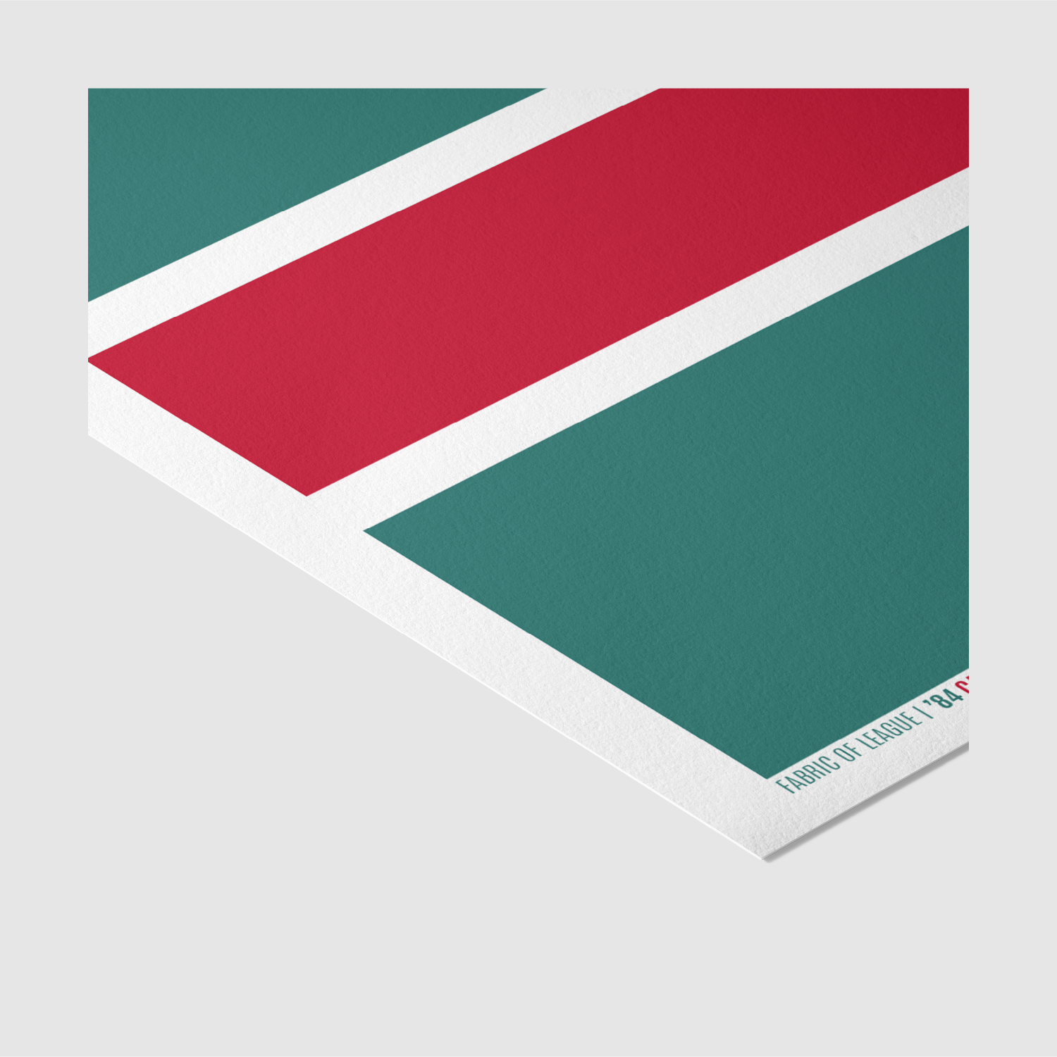 Minimalist rugby league wall art in red and green stripes – angled corner detail.