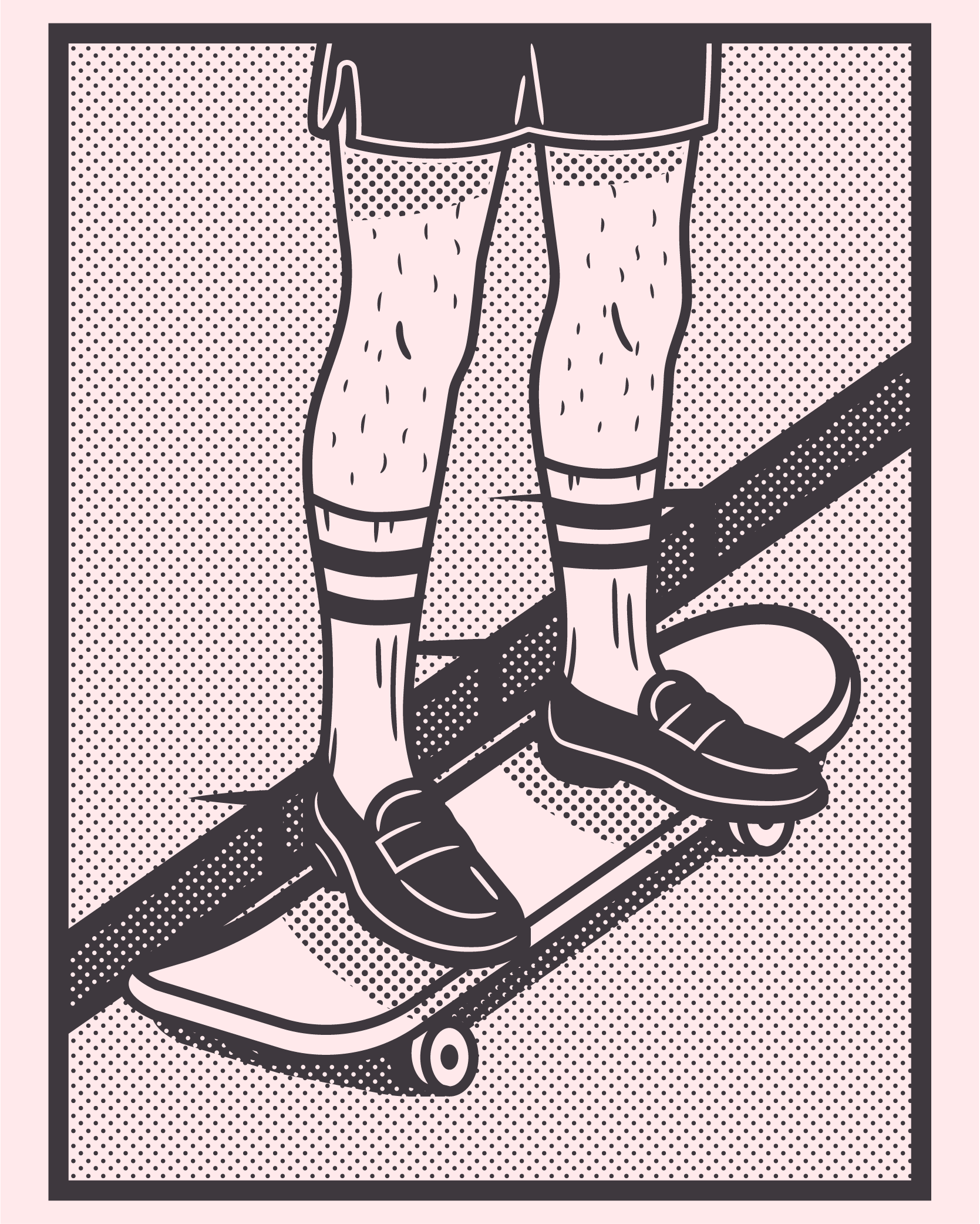 Parody skateboard illustration featuring a skater in loafers with striped socks — quirky artwork from the Too Classy to Kickflip collection by Mr. Nope.