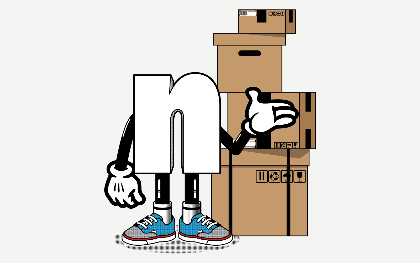 Illustration of Mr. Nope character with stacked shipping boxes, representing NopeShop customer support and order inquiries.