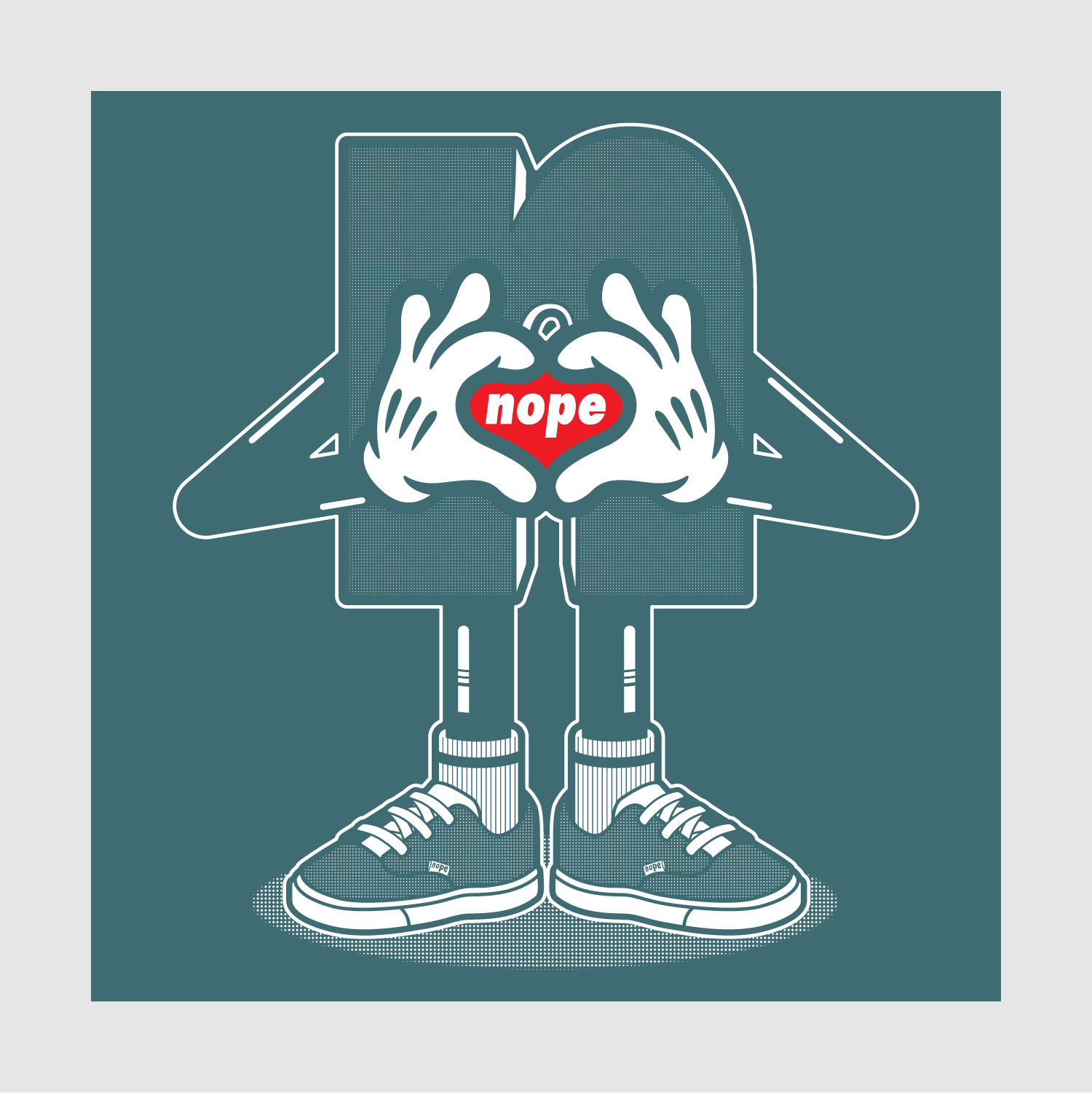 Nope MLLW Tee Graphic Stargazer Blue: Close-up of Mr. Nope mascot design with heart hands and bold message