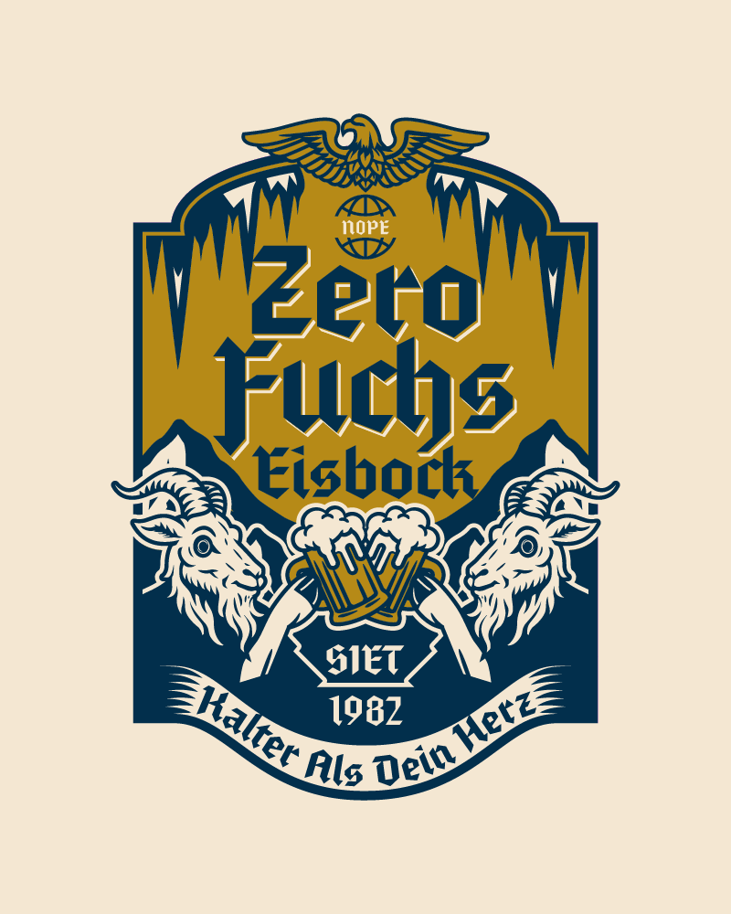 Zero Fuchs Eisbock beer label illustration featuring goats and icy Bavarian crest design