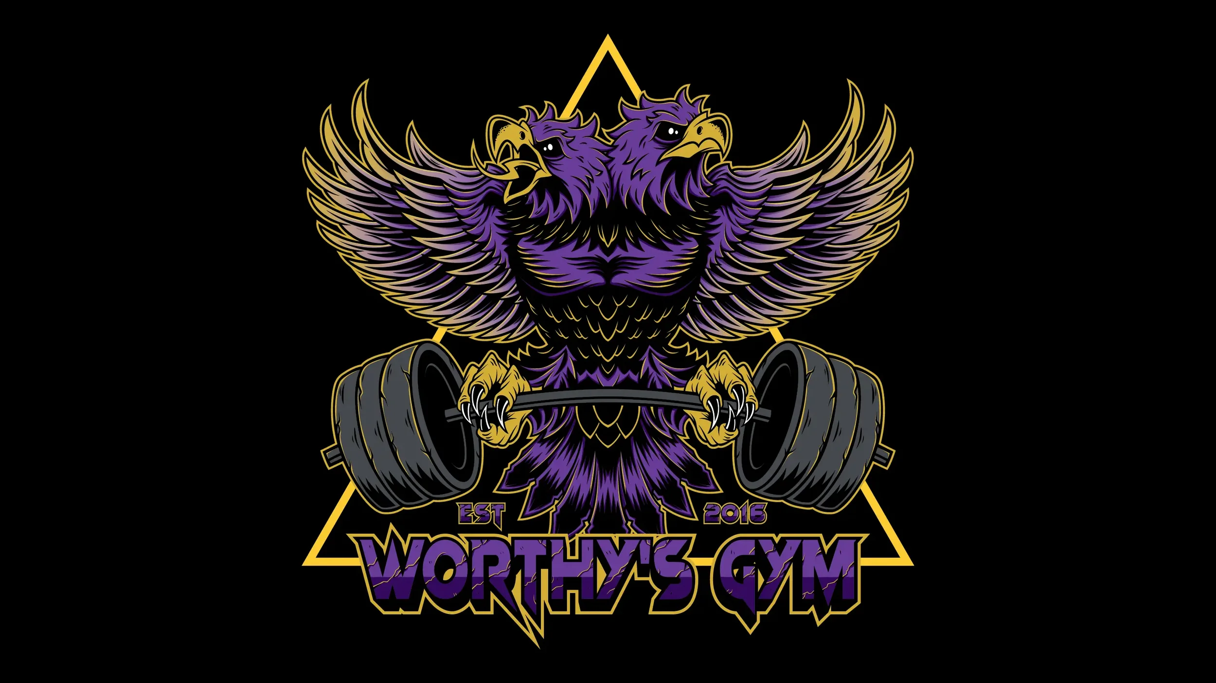 A logo featuring a muscular, purple, double-headed eagle holding a heavy barbell with black weights, set against a black background. The eagle has large, detailed wings, and the logo includes the text 'Worthy's Gym' in bold purple letters with yellow outlines below the eagle. The logo also displays the establishment year '2016' and the number '2st'.