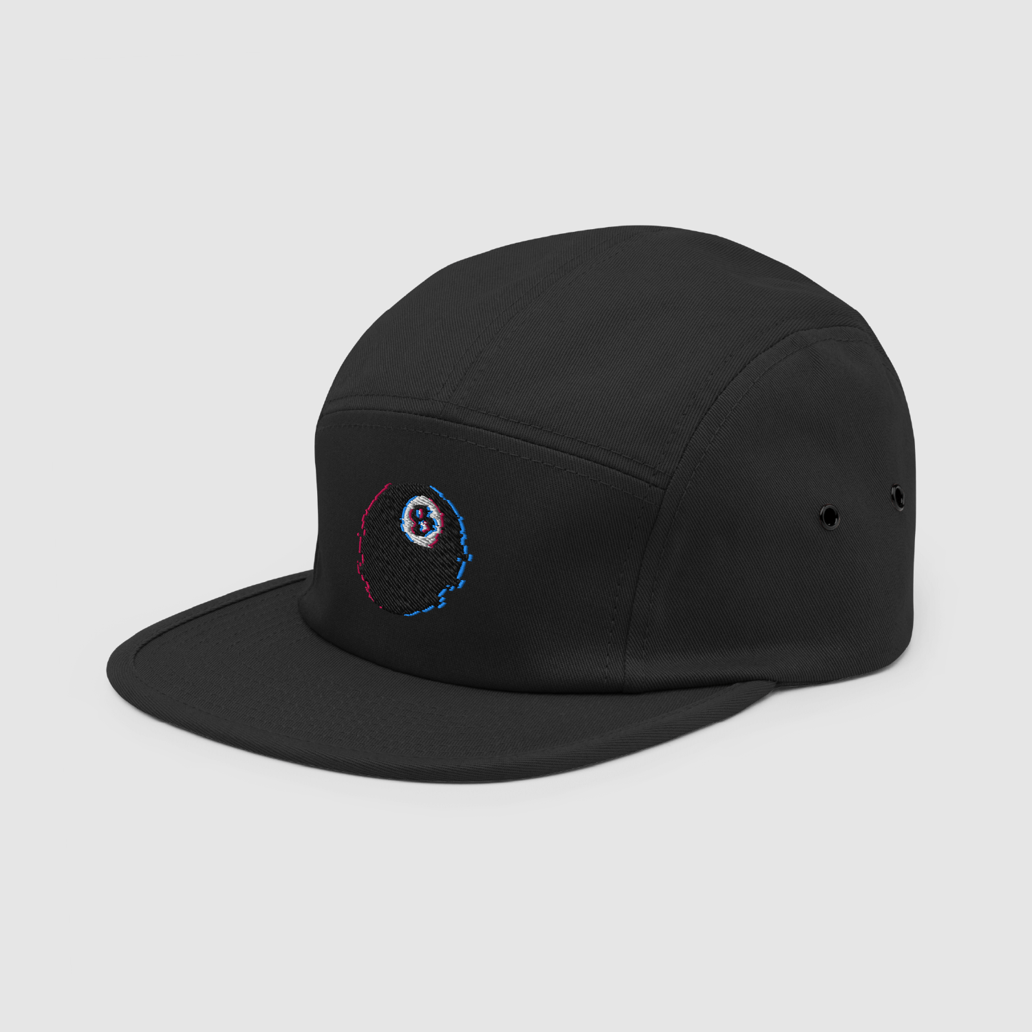 Angled front view of the 8BALL GLITCH black 5-panel cap – bold embroidered design by Mr. Nope for nopeshop.com streetwear collection