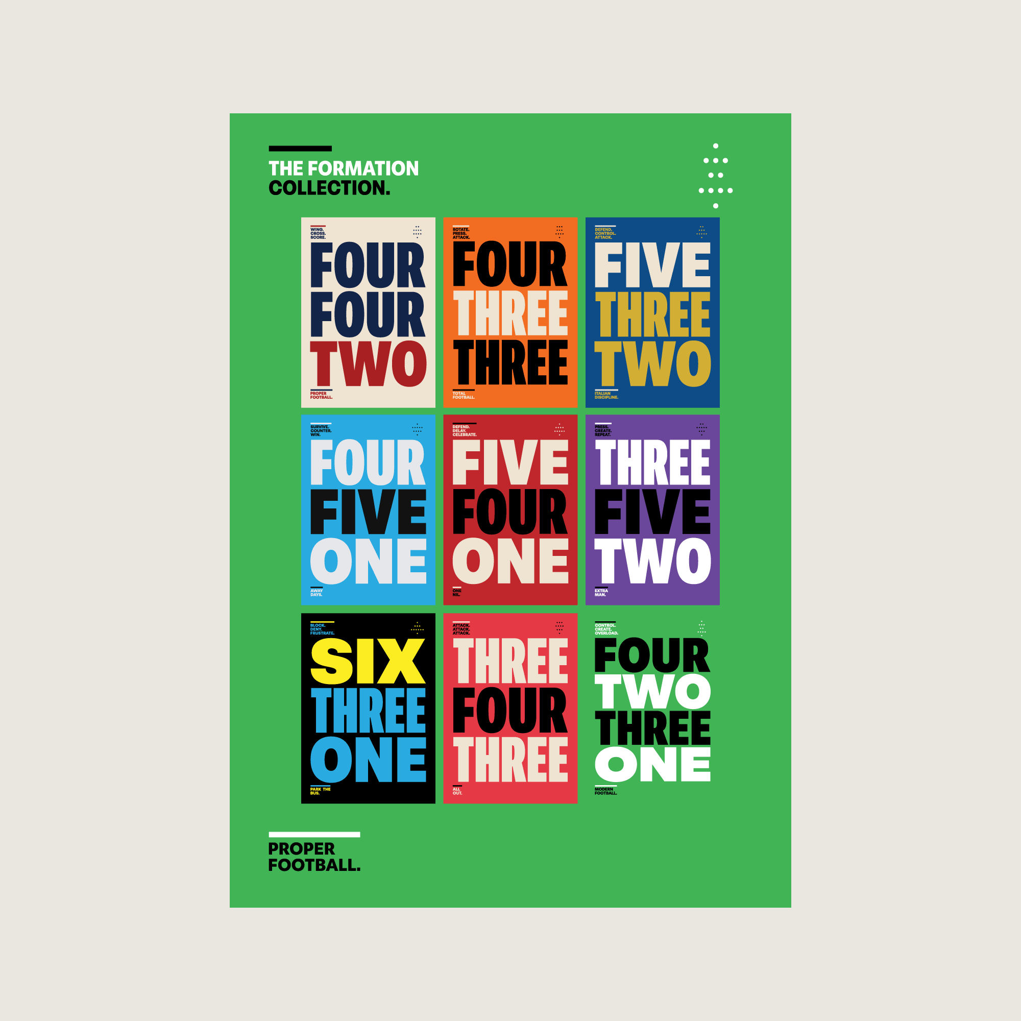 The Formation Collection football poster series featuring nine tactical football formations including the modern 4-2-3-1 system, designed by Mr. Nope.