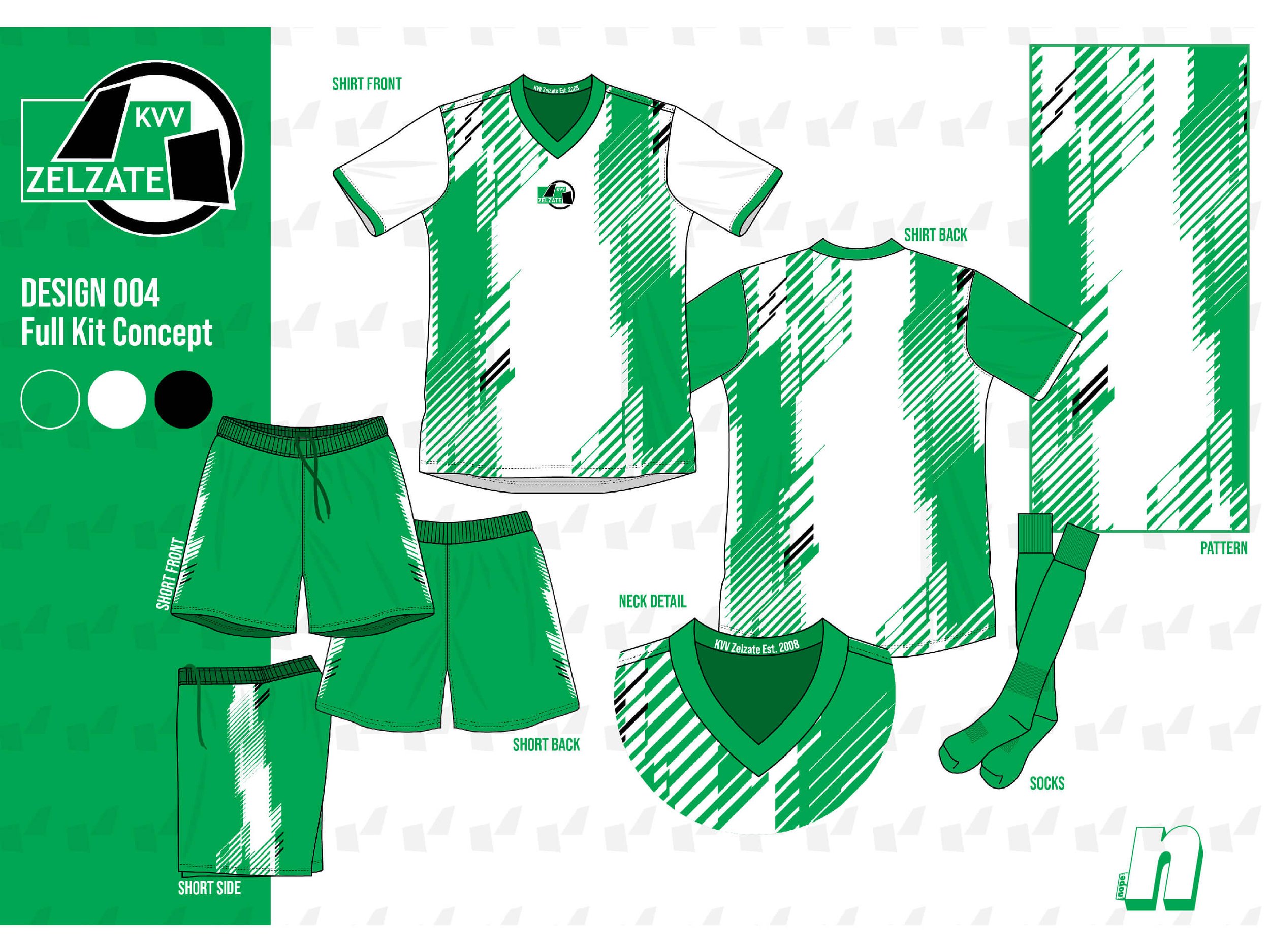 This bold design utilizes a dynamic brushstroke pattern in green and white, creating a sense of energy and movement. The vibrant green shorts and socks maintain the club’s iconic color palette. A detailed neck collar features the inscription "KVV Zel